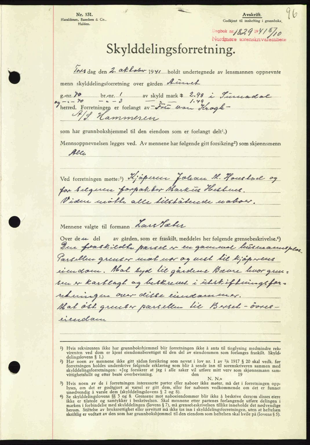 Nordmøre sorenskriveri, AV/SAT-A-4132/1/2/2Ca: Pantebok nr. A91, 1941-1942, Dagboknr: 1829/1941