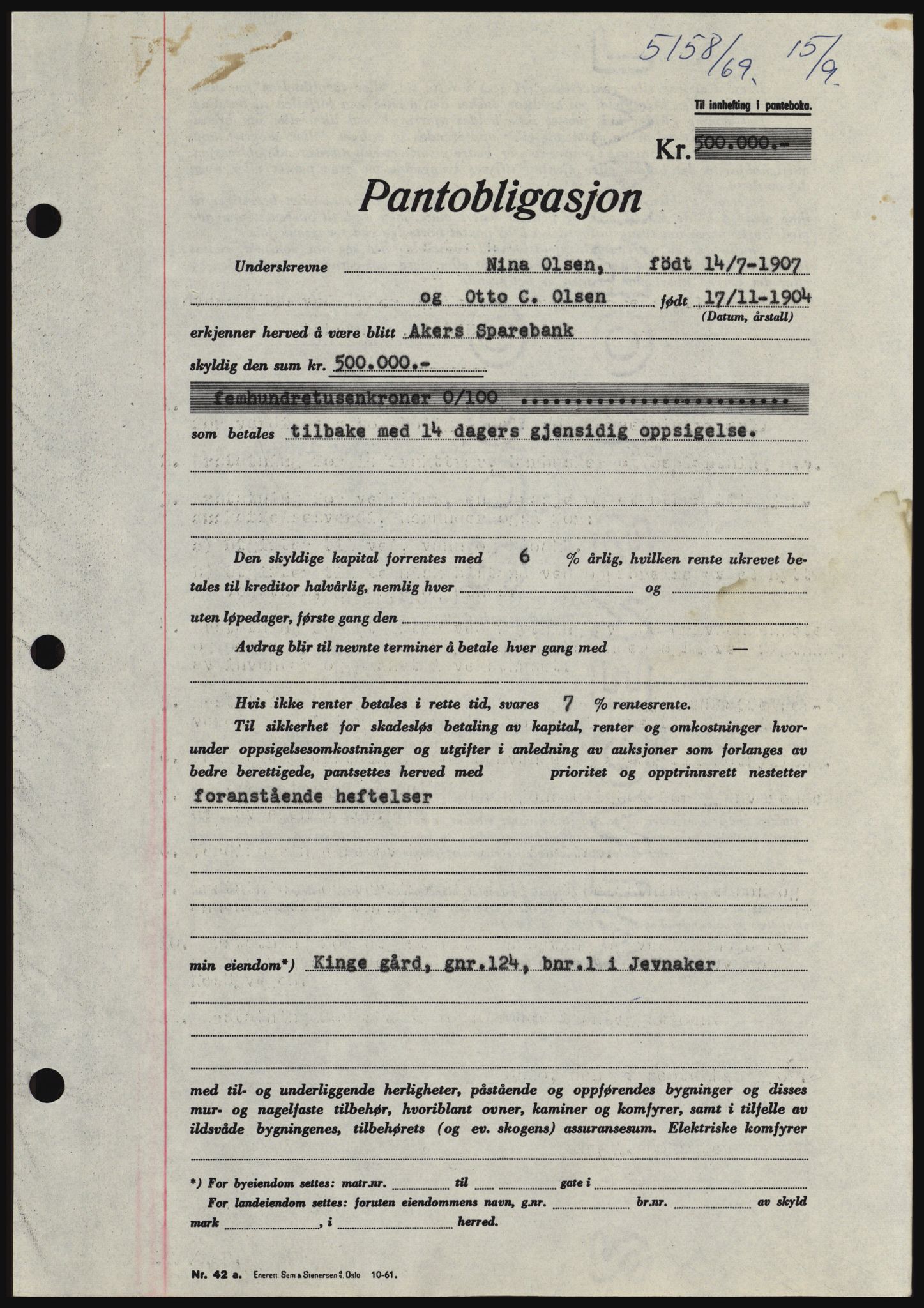 Hadeland og Land tingrett, SAH/TING-010/H/Hb/Hbc/L0074: Pantebok nr. B74, 1969-1969, Dagboknr: 5158/1969