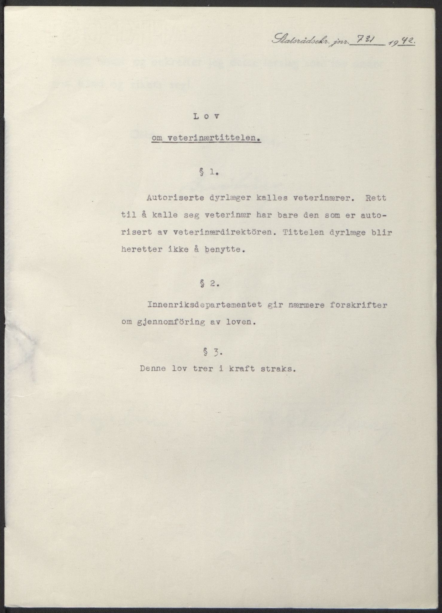 NS-administrasjonen 1940-1945 (Statsrådsekretariatet, de kommisariske statsråder mm), RA/S-4279/D/Db/L0098: Lover II, 1942, s. 459