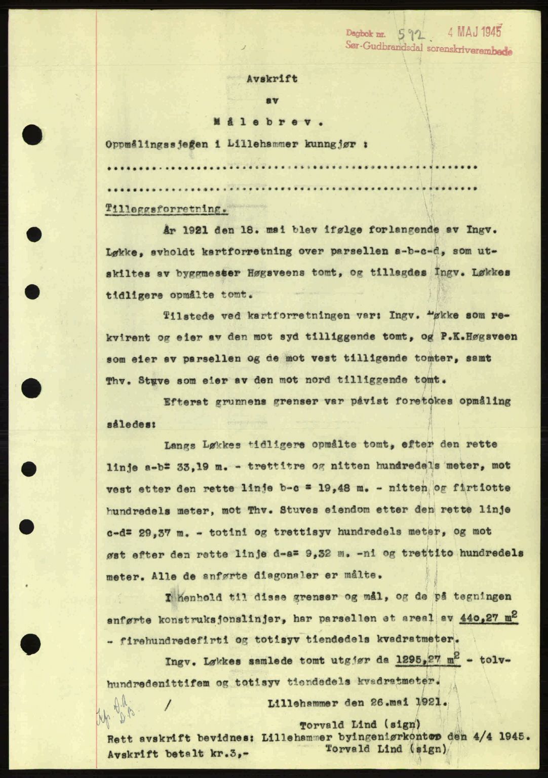 Sør-Gudbrandsdal tingrett, SAH/TING-004/H/Hb/Hbd/L0014: Pantebok nr. A14, 1944-1945, Dagboknr: 592/1945