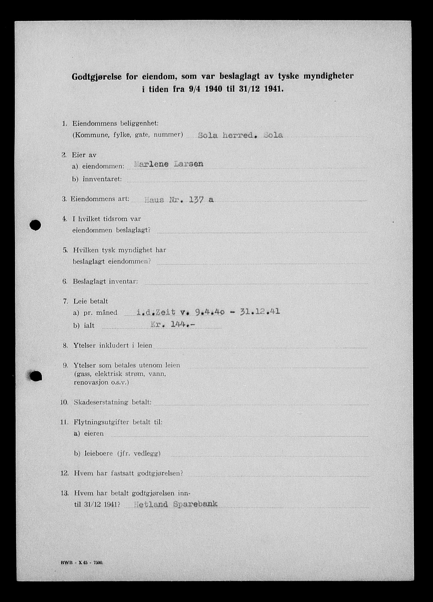 Justisdepartementet, Tilbakeføringskontoret for inndratte formuer, AV/RA-S-1564/I/L1014: Godtgjørelse for beslaglagt eiendom, 1940-1941, s. 483