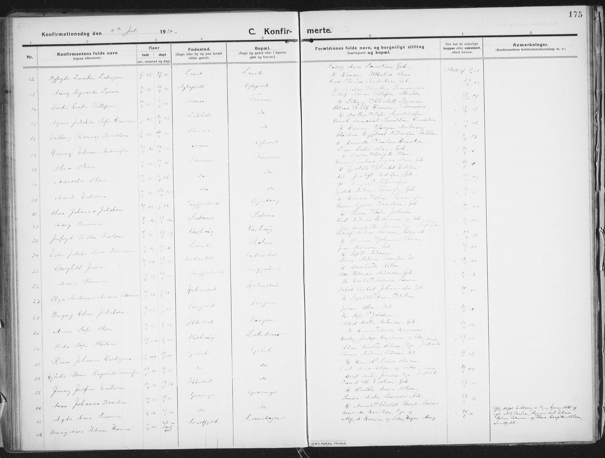 Lenvik sokneprestembete, AV/SATØ-S-1310/H/Ha/Haa/L0016kirke: Ministerialbok nr. 16, 1910-1924, s. 175