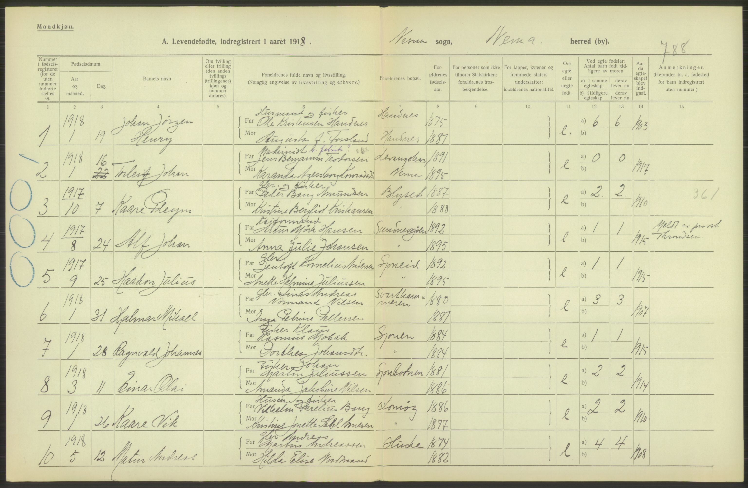 Statistisk sentralbyrå, Sosiodemografiske emner, Befolkning, AV/RA-S-2228/D/Df/Dfb/Dfbh/L0052: Nordland fylke: Levendefødte menn og kvinner. Bygder., 1918, s. 114