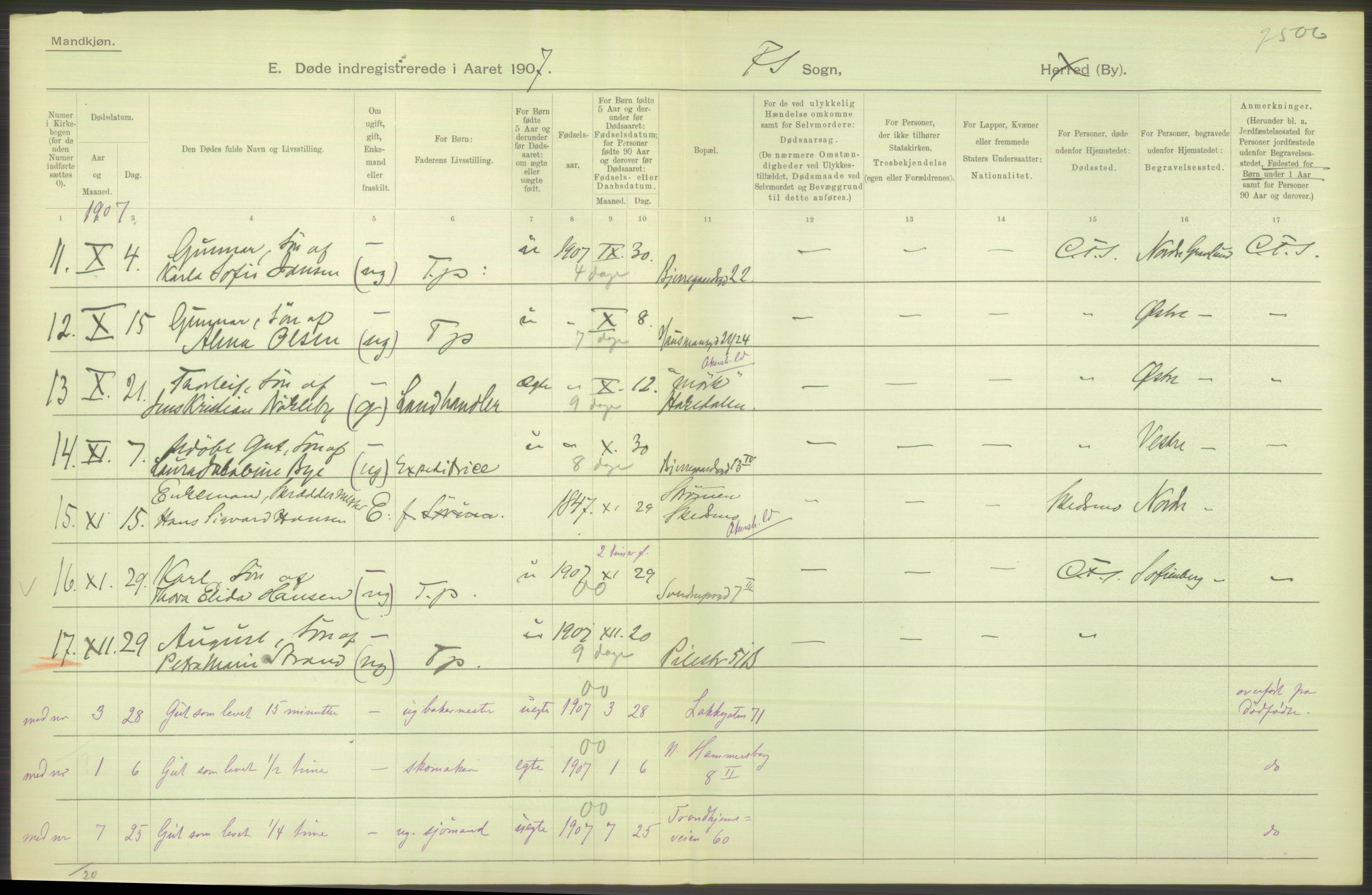 Statistisk sentralbyrå, Sosiodemografiske emner, Befolkning, RA/S-2228/D/Df/Dfa/Dfae/L0009: Kristiania: Døde, 1907, s. 122