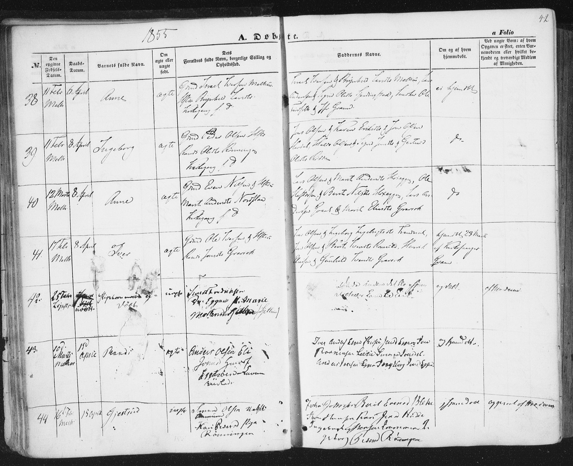 Ministerialprotokoller, klokkerbøker og fødselsregistre - Sør-Trøndelag, SAT/A-1456/691/L1076: Ministerialbok nr. 691A08, 1852-1861, s. 42