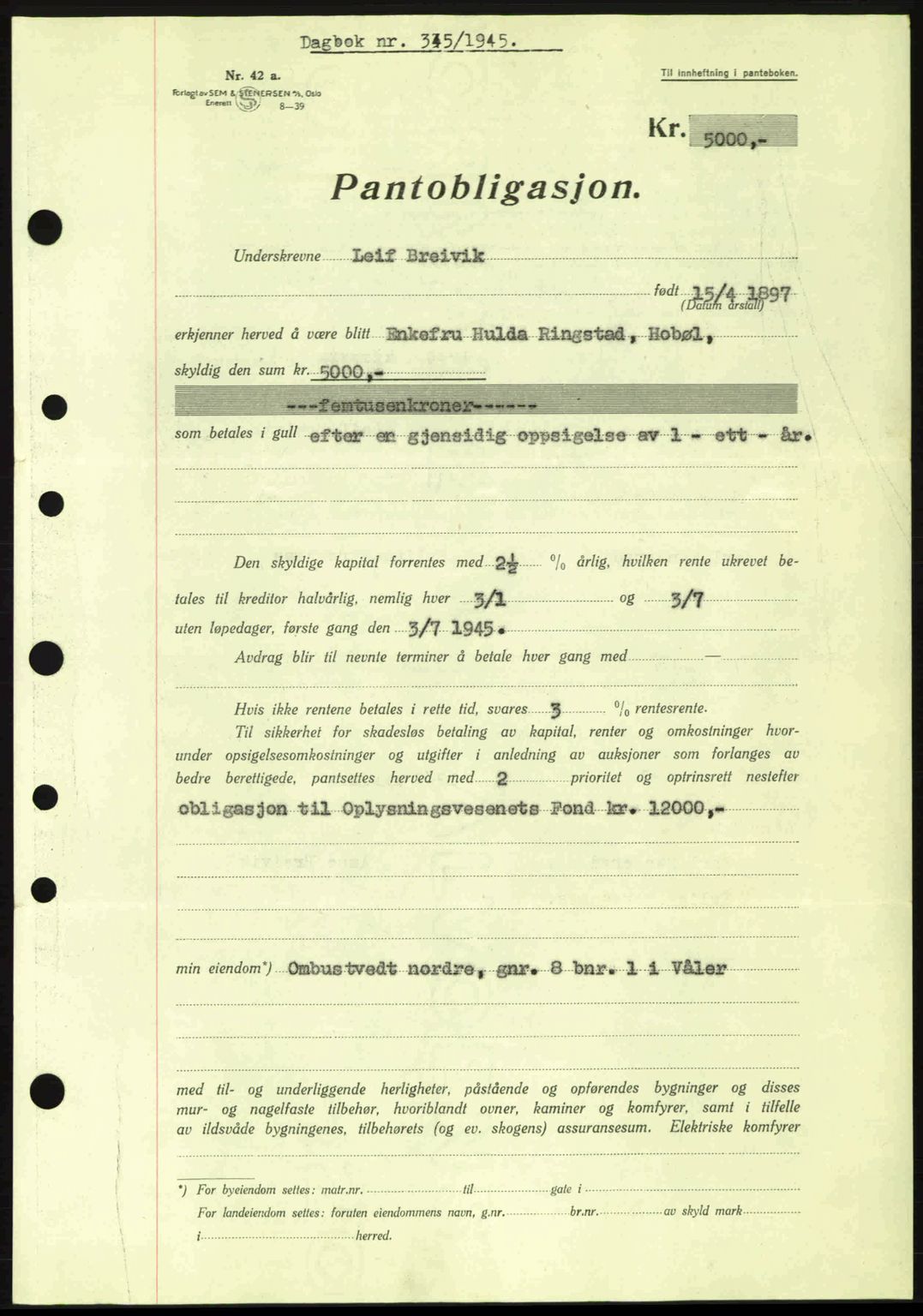 Moss sorenskriveri, SAO/A-10168: Pantebok nr. B13, 1943-1945, Dagboknr: 345/1945