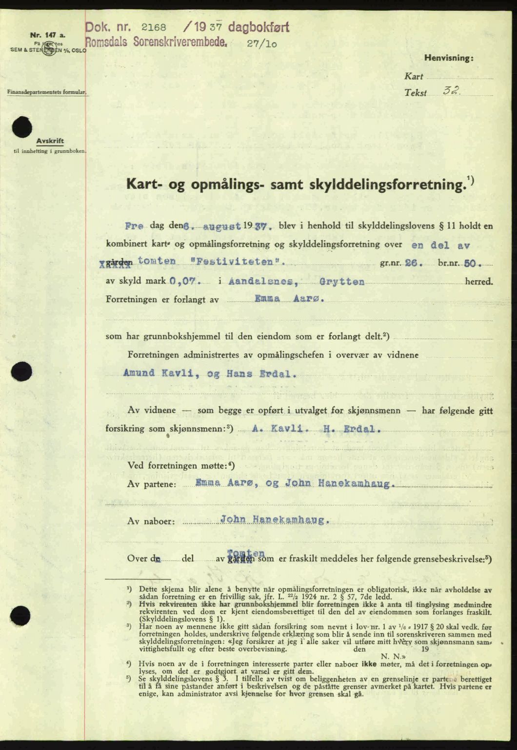 Romsdal sorenskriveri, SAT/A-4149/1/2/2C: Pantebok nr. A4, 1937-1938, Dagboknr: 2168/1937