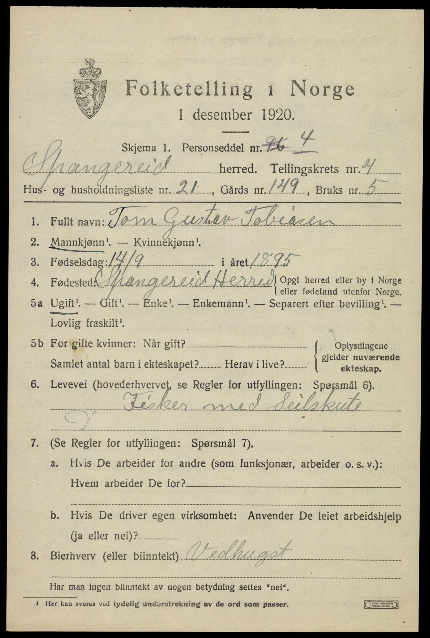 SAK, Folketelling 1920 for 1030 Spangereid herred, 1920, s. 1709