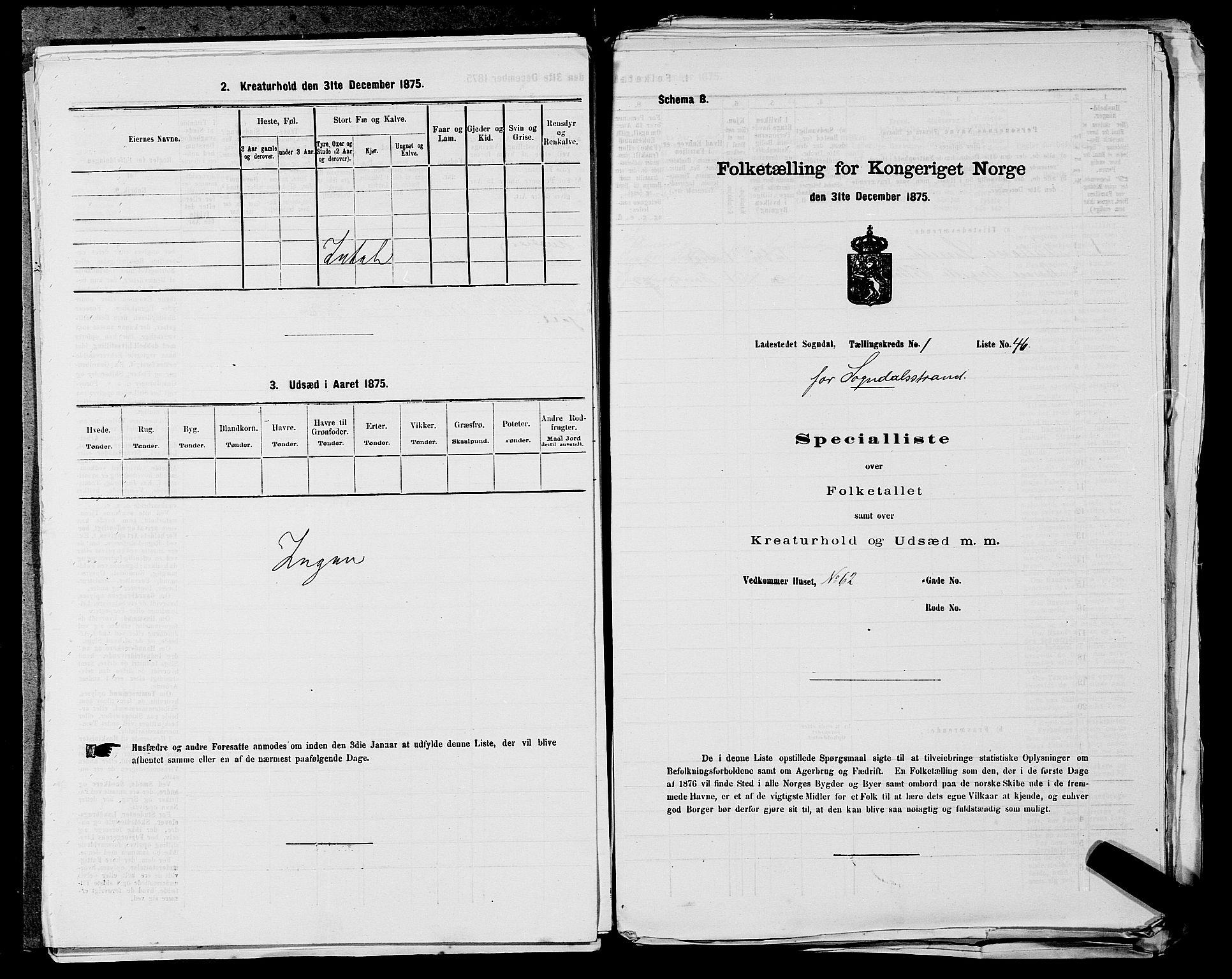 SAST, Folketelling 1875 for 1107B Sokndal prestegjeld, Sokndal ladested, 1875, s. 95