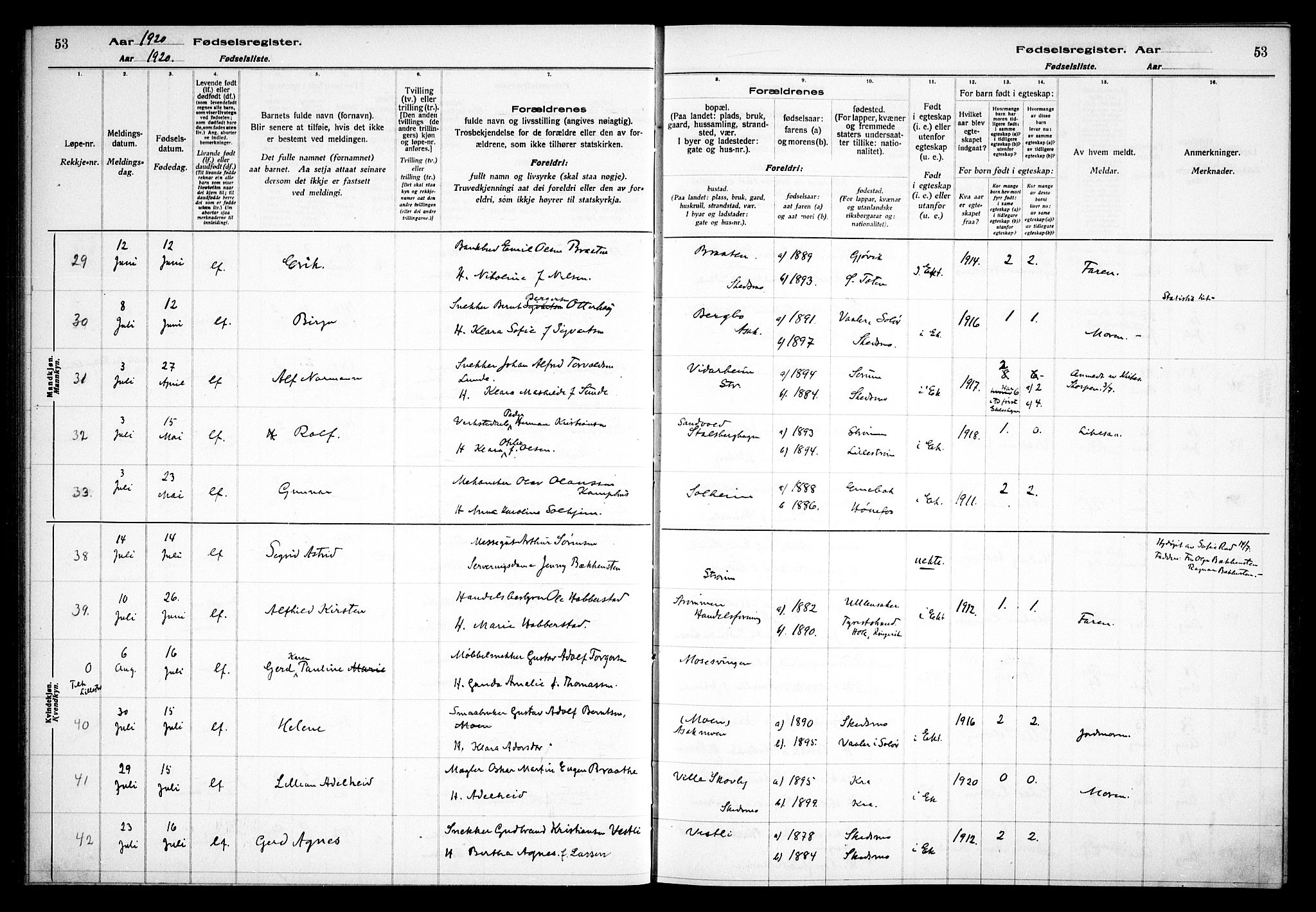 Skedsmo prestekontor Kirkebøker, AV/SAO-A-10033a/J/Ja/L0001: Fødselsregister nr. I 1, 1916-1931, s. 53