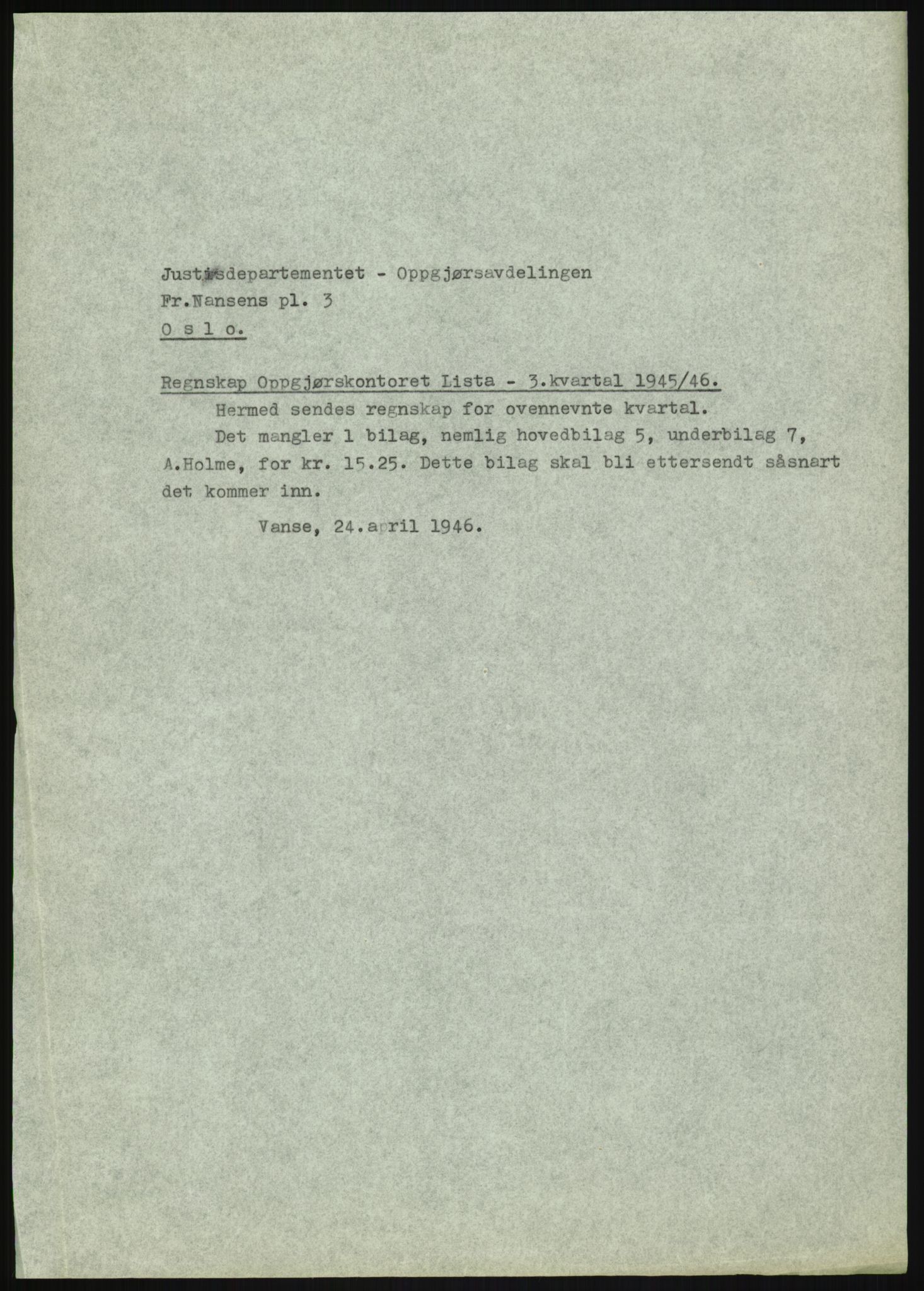 Forsvarsdepartementet, 10. kontor / Oppgjørskontoret, AV/RA-RAFA-1225/D/Db/L0180: Lista oppgjørskontor, 1942-1952, s. 21