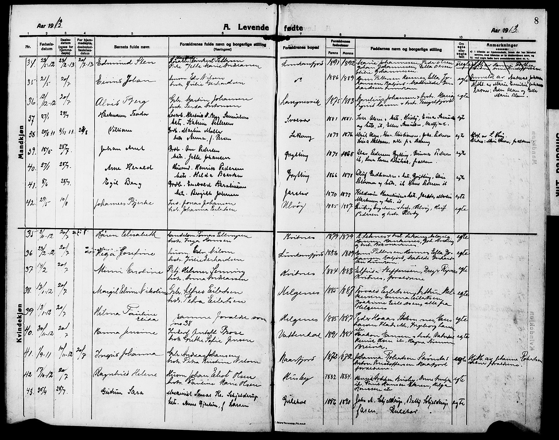 Ministerialprotokoller, klokkerbøker og fødselsregistre - Nordland, AV/SAT-A-1459/888/L1269: Klokkerbok nr. 888C07, 1913-1927, s. 8