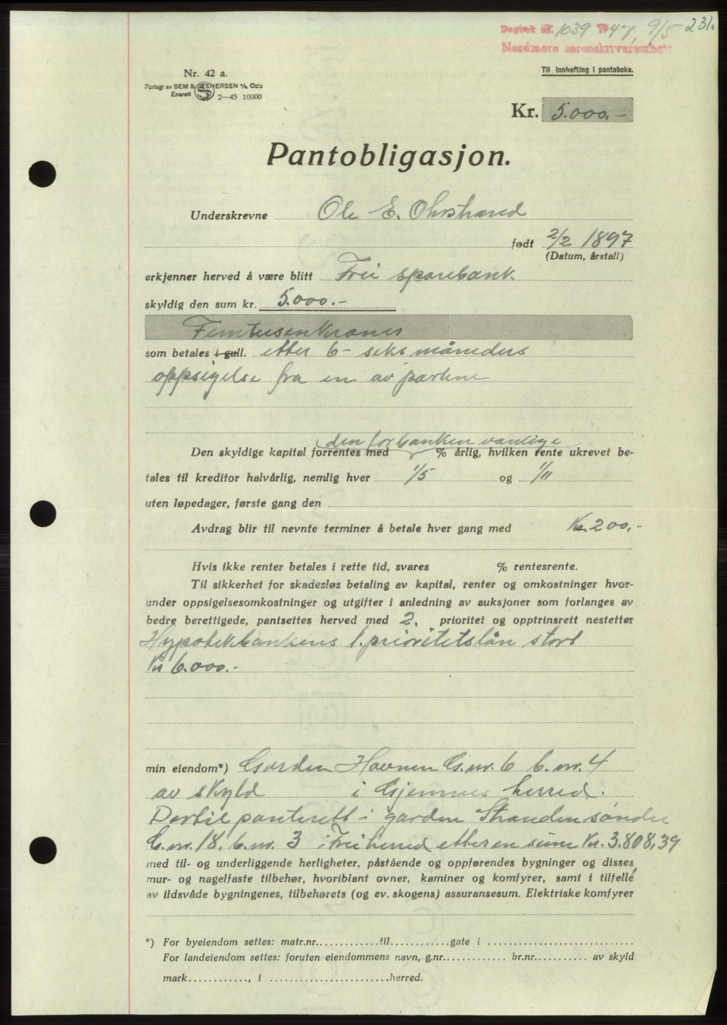 Nordmøre sorenskriveri, AV/SAT-A-4132/1/2/2Ca: Pantebok nr. B96, 1947-1947, Dagboknr: 1039/1947