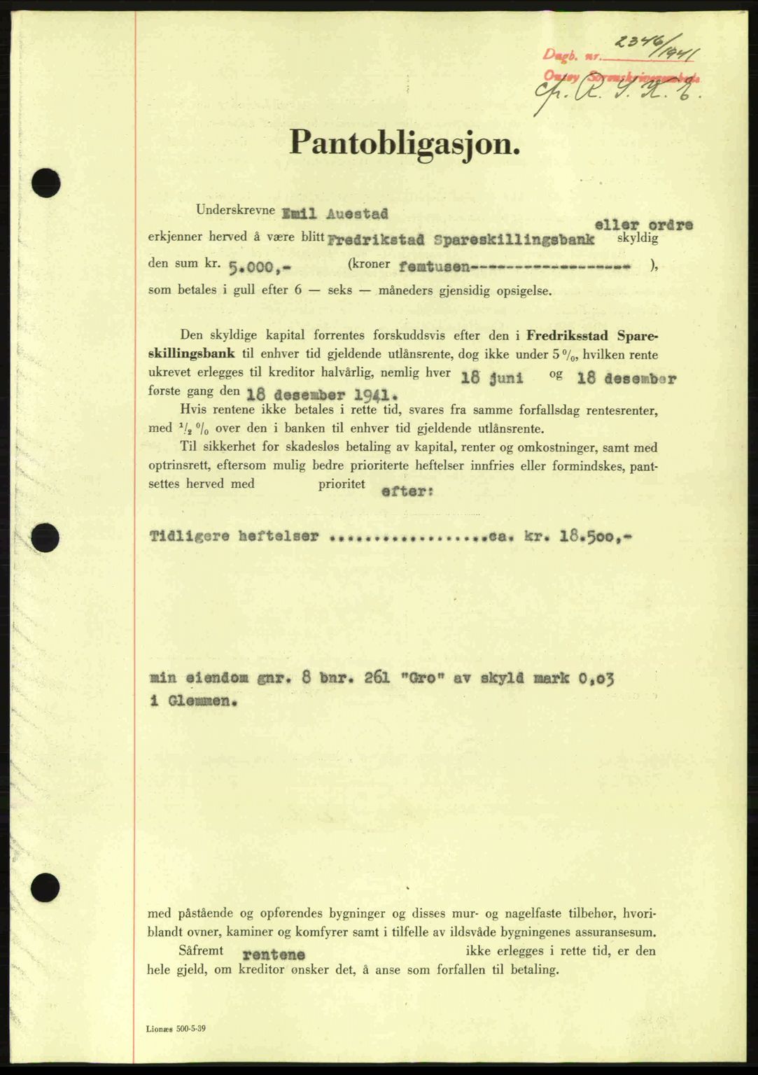 Onsøy sorenskriveri, SAO/A-10474/G/Ga/Gac/L0003: Pantebok nr. B3, 1940-1944, Dagboknr: 2346/1941