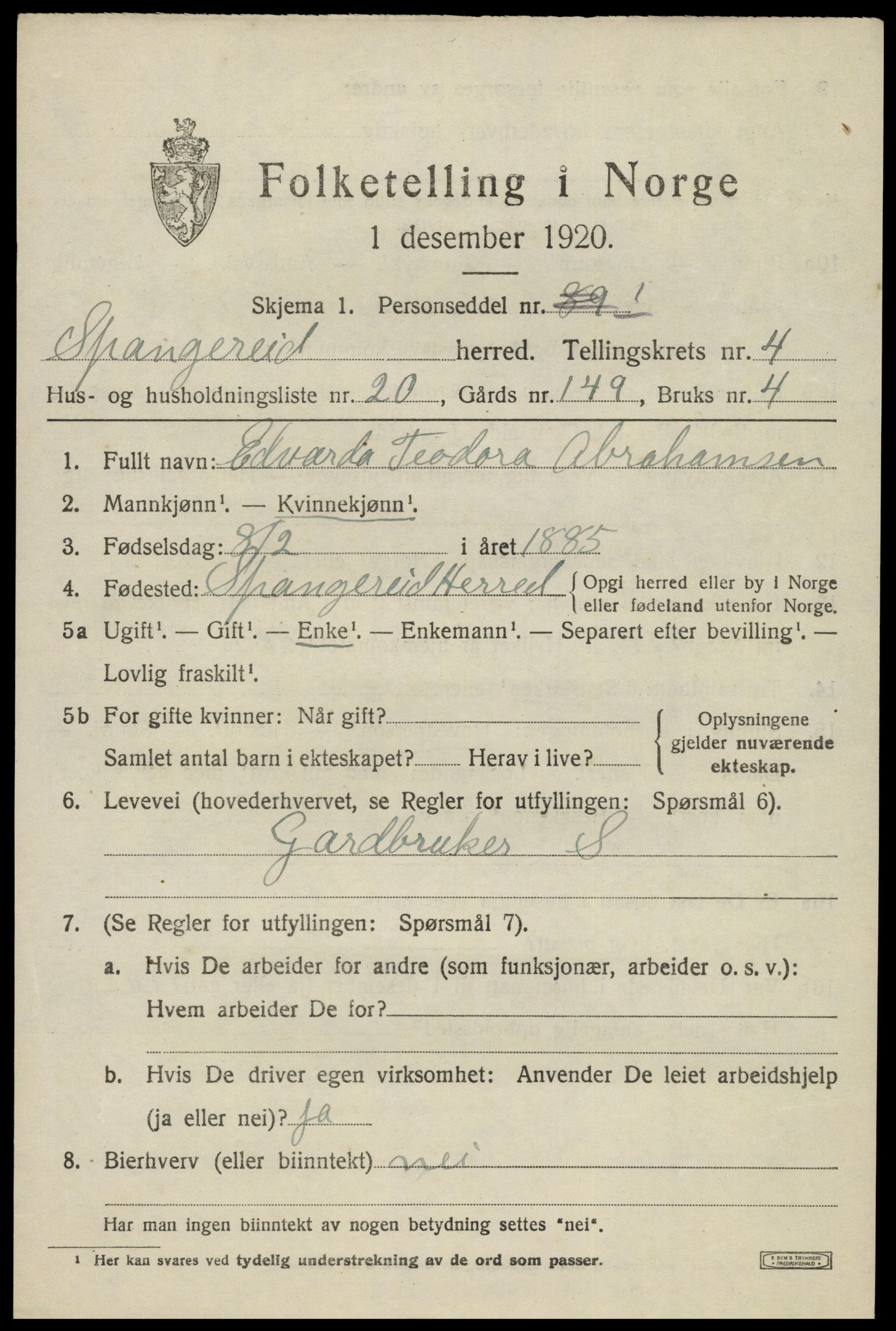 SAK, Folketelling 1920 for 1030 Spangereid herred, 1920, s. 1695