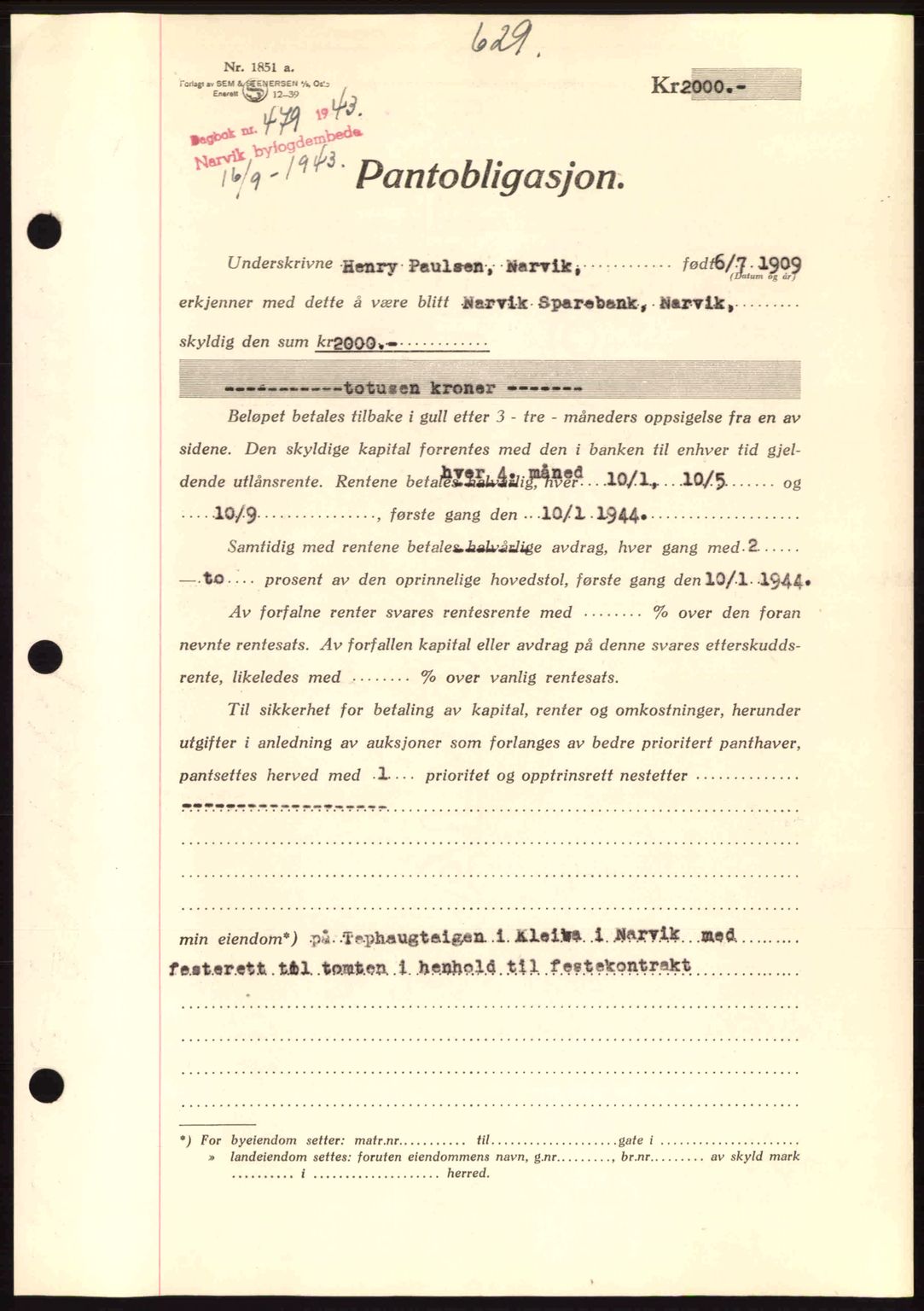 Narvik sorenskriveri, SAT/A-0002/1/2/2C/2Ca: Pantebok nr. A19, 1942-1943, Dagboknr: 479/1943