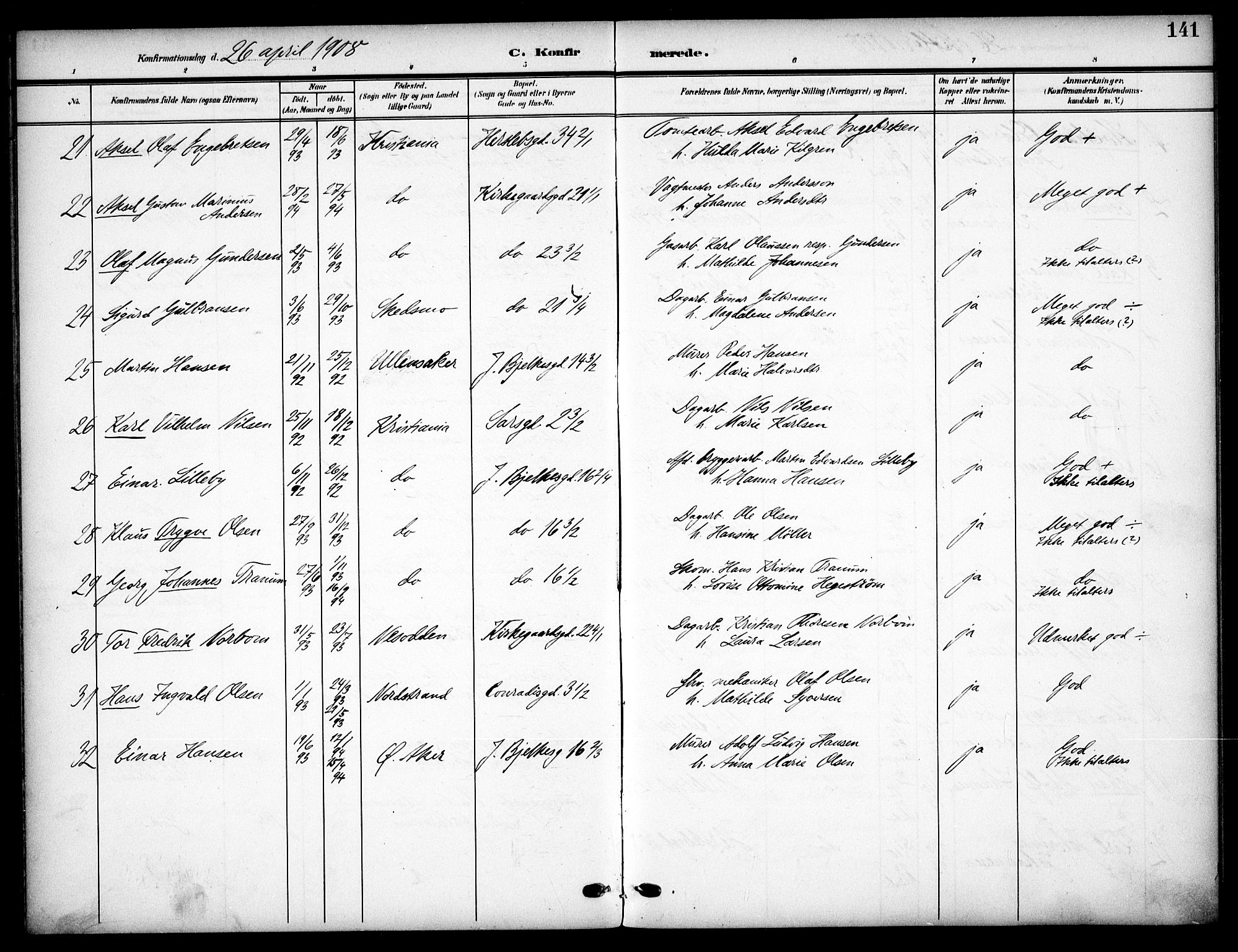 Tøyen prestekontor Kirkebøker, AV/SAO-A-10167a/F/Fa/L0001: Ministerialbok nr. I 1, 1907-1916, s. 141