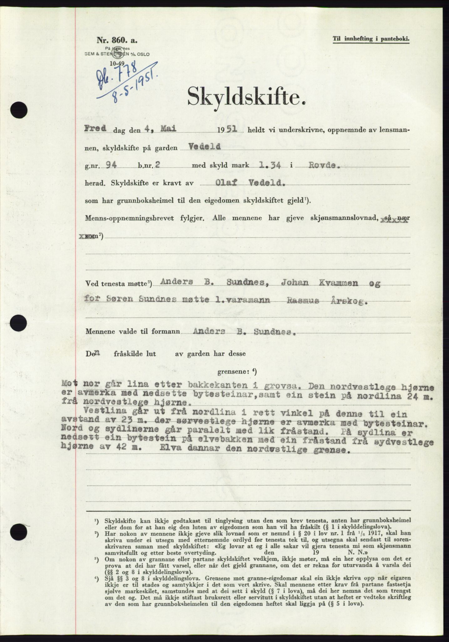 Søre Sunnmøre sorenskriveri, SAT/A-4122/1/2/2C/L0089: Pantebok nr. 15A, 1951-1951, Dagboknr: 778/1951