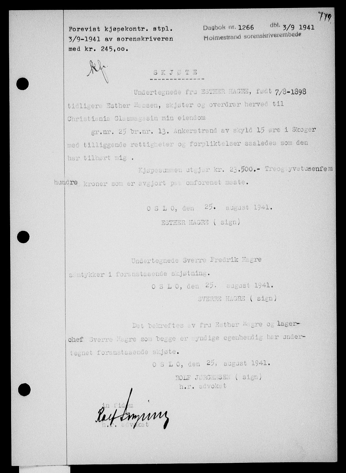 Holmestrand sorenskriveri, SAKO/A-67/G/Ga/Gaa/L0053: Pantebok nr. A-53, 1941-1941, Dagboknr: 1266/1941