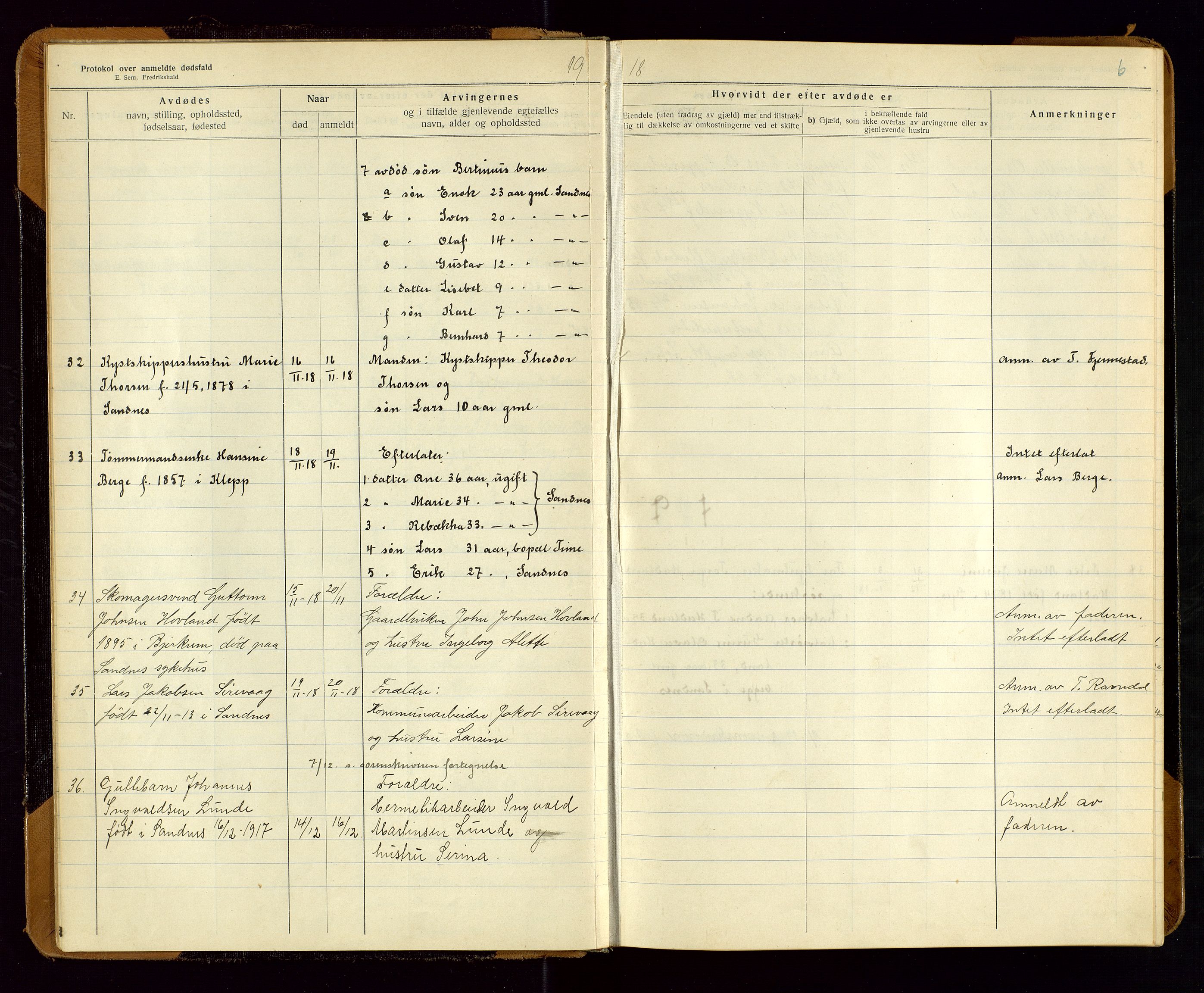 Sandnes lensmannskontor, AV/SAST-A-100167/Gga/L0001: "Protokol over anmeldte dødsfald" m/register, 1918-1940, s. 6