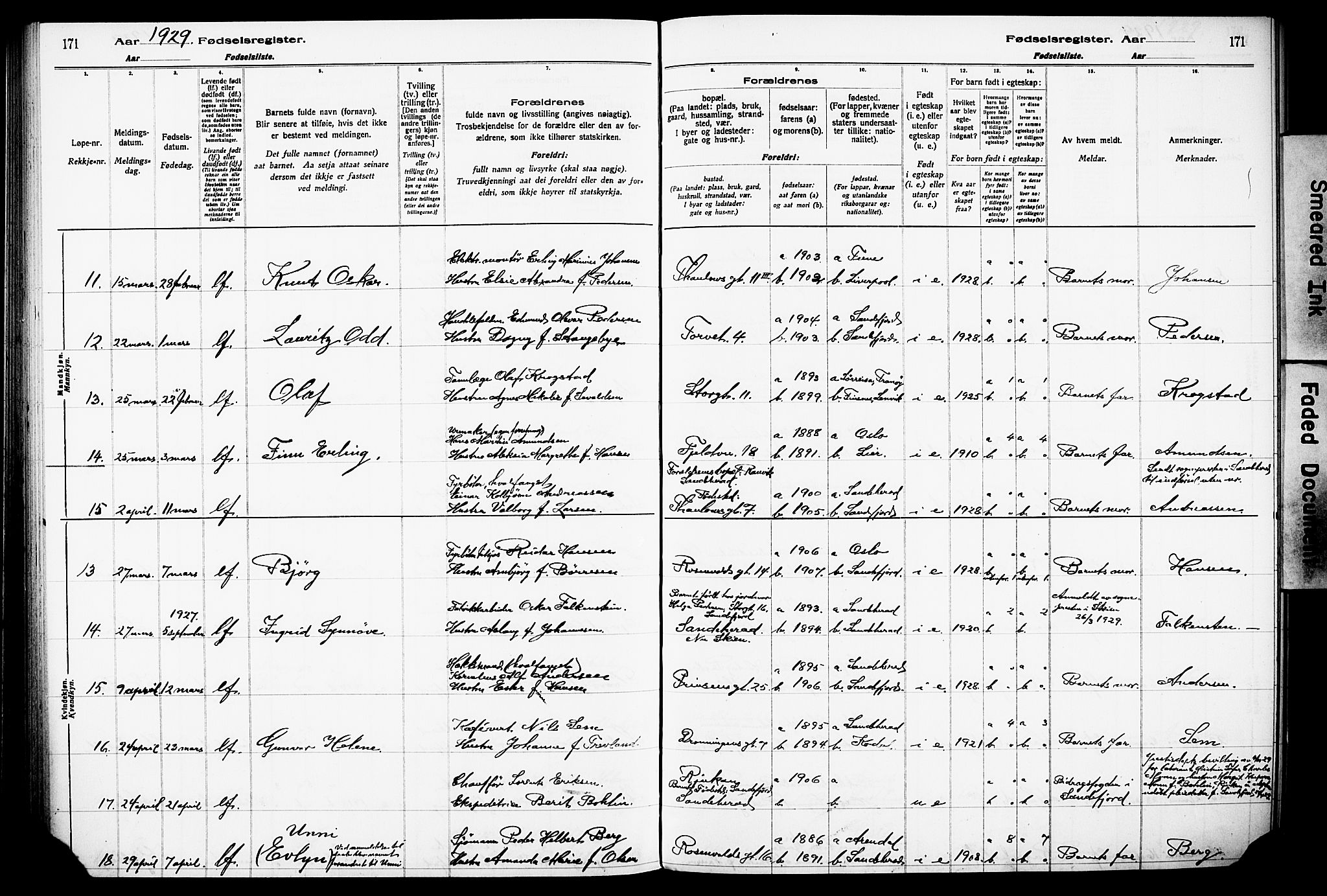 Sandefjord kirkebøker, AV/SAKO-A-315/J/Ja/L0001: Fødselsregister nr. 1, 1916-1932, s. 171