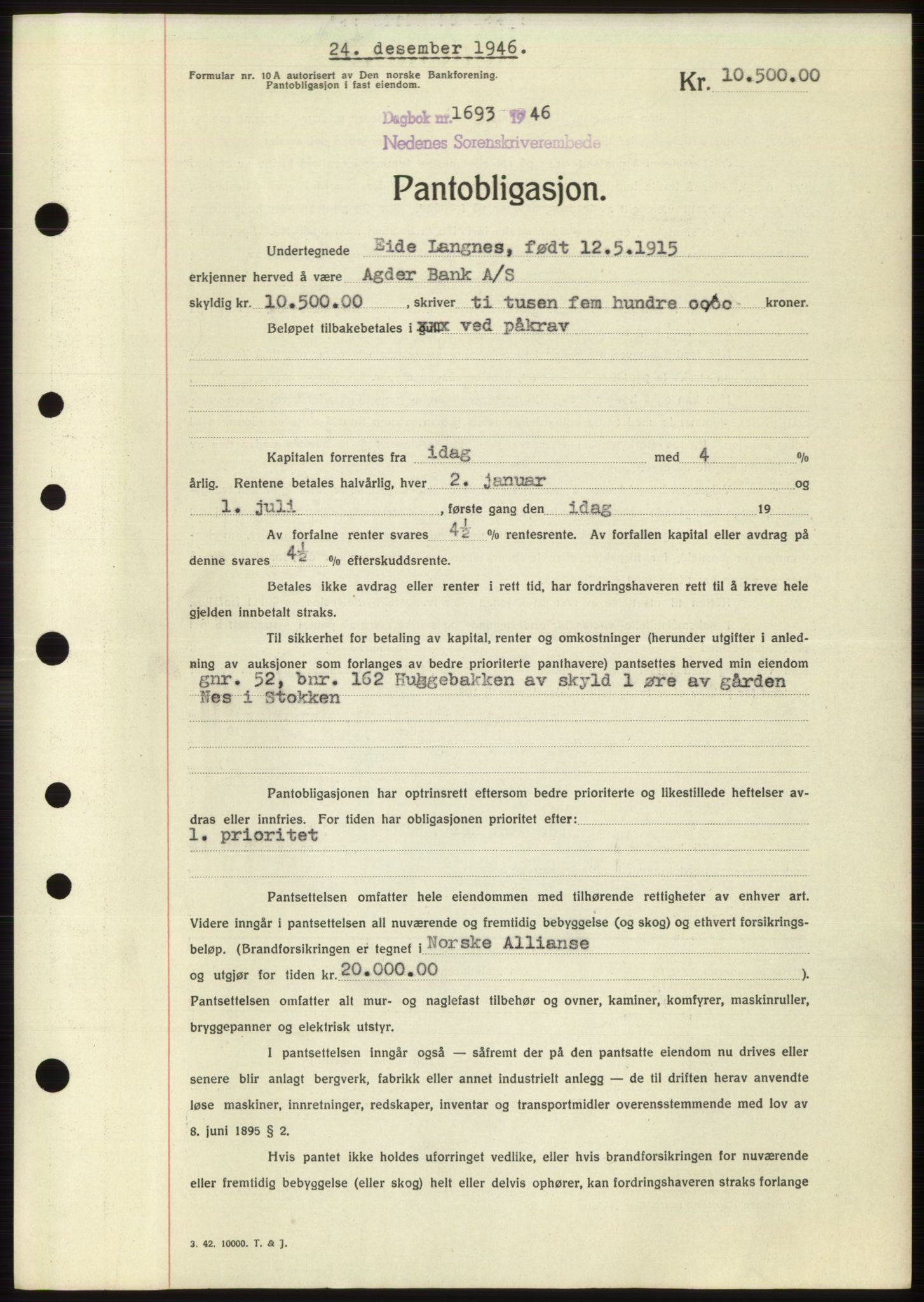 Nedenes sorenskriveri, SAK/1221-0006/G/Gb/Gbb/L0003: Pantebok nr. B3b, 1946-1946, Dagboknr: 1693/1946