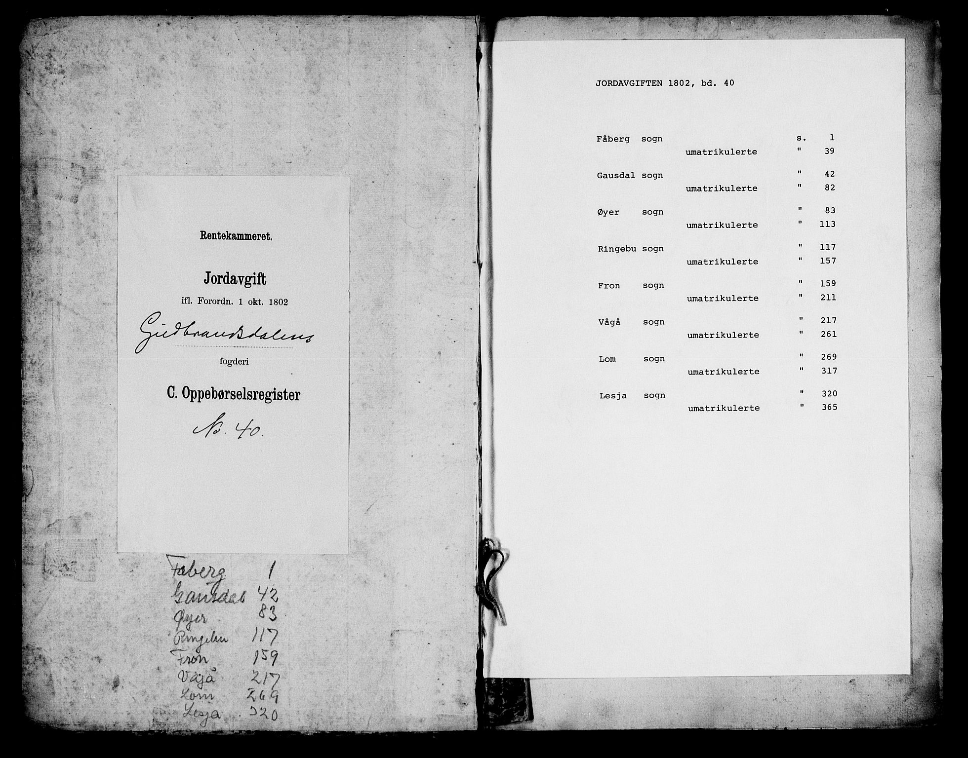 Rentekammeret inntil 1814, Realistisk ordnet avdeling, RA/EA-4070/N/Ne/Nea/L0040: Gudbrandsdalen fogderi. Oppebørselsregister, 1803-1804, s. 1