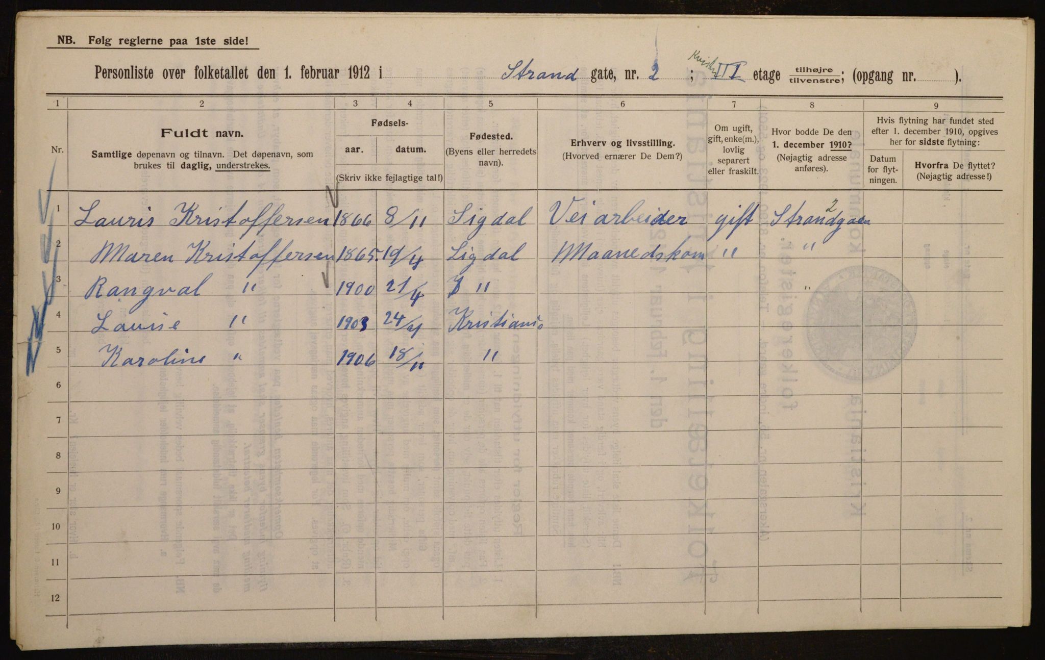 OBA, Kommunal folketelling 1.2.1912 for Kristiania, 1912, s. 103692