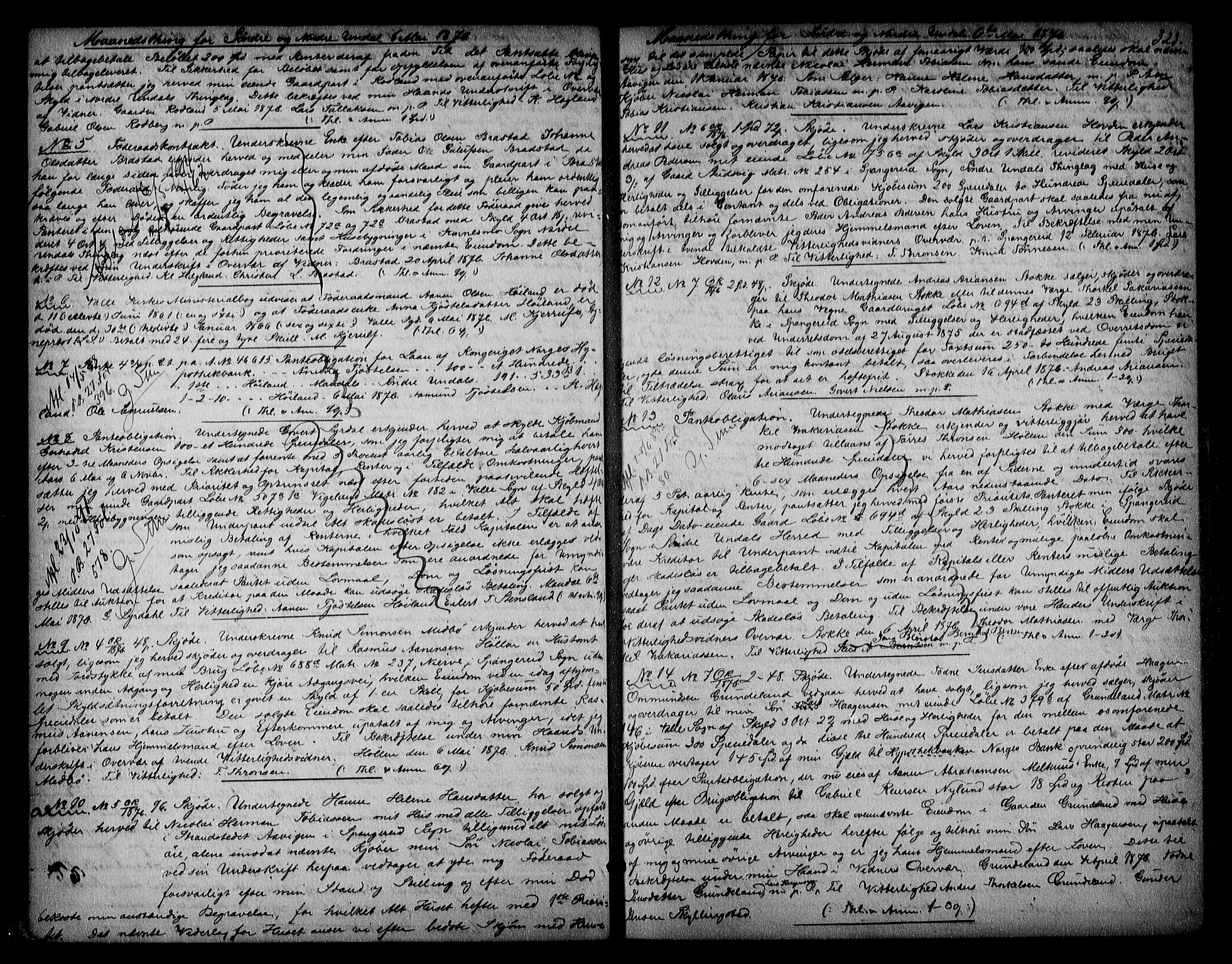 Mandal sorenskriveri, SAK/1221-0005/001/G/Gb/Gba/L0043: Pantebok nr. 24, 1870-1882, s. 323