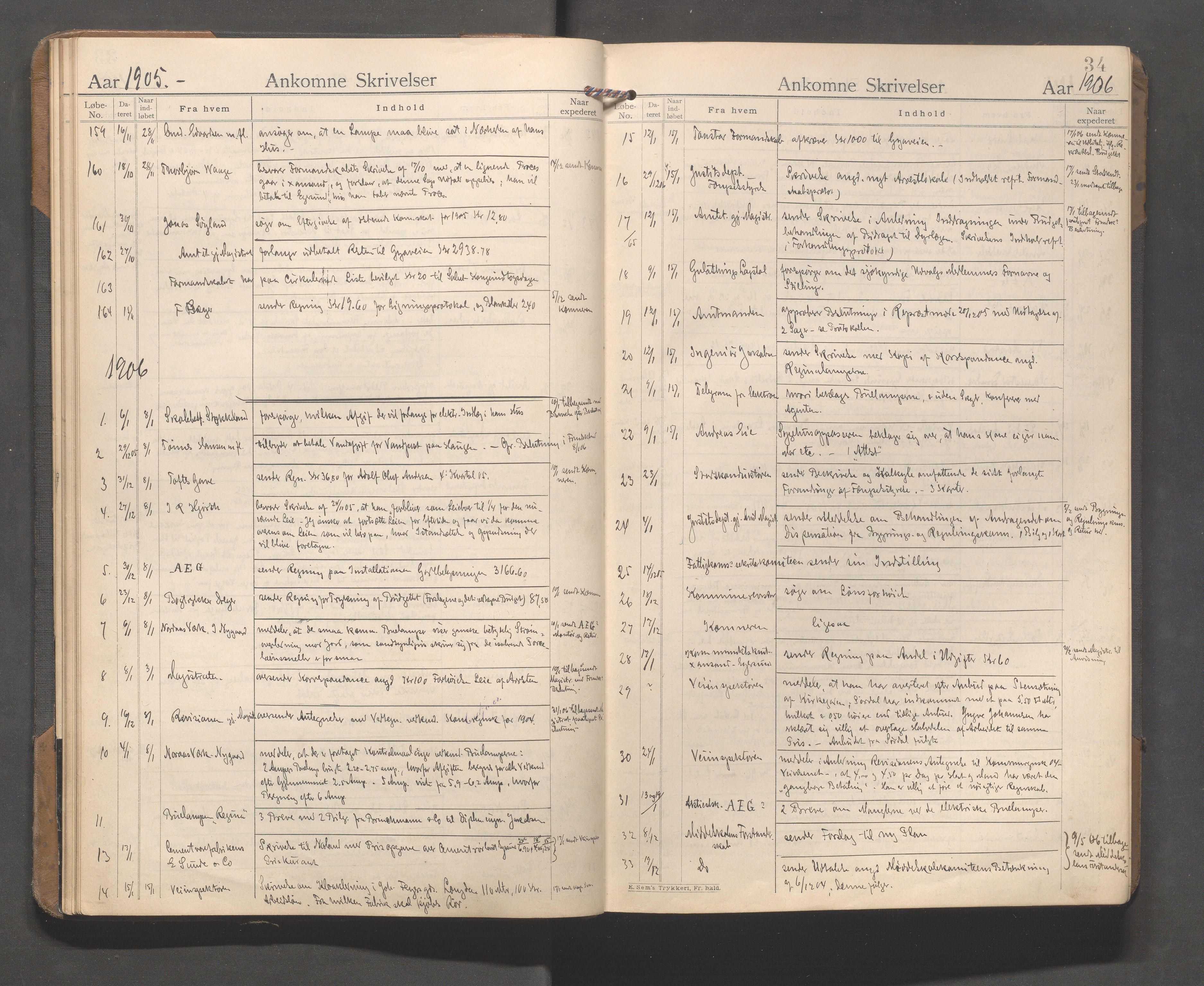 Egersund kommune (Ladested) - Formannskapet, IKAR/K-100502/C/Ca/L0002: Brevjournal, 1902-1917, s. 34