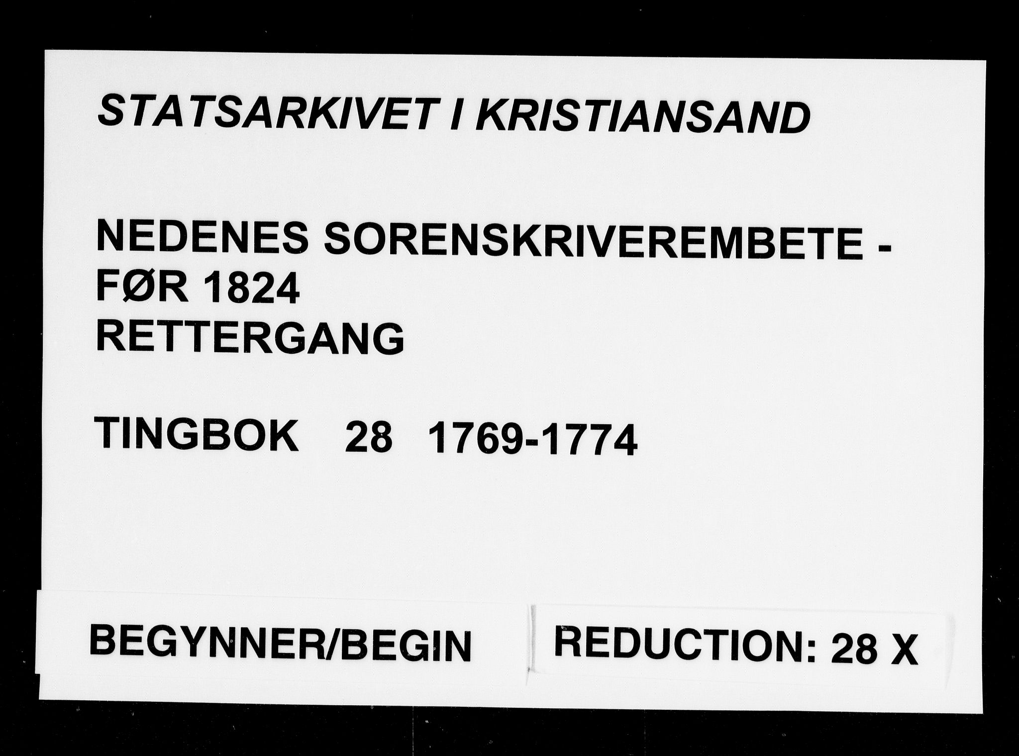 Nedenes sorenskriveri før 1824, AV/SAK-1221-0007/F/Fa/L0033: Tingbok med register nr 28, 1769-1774