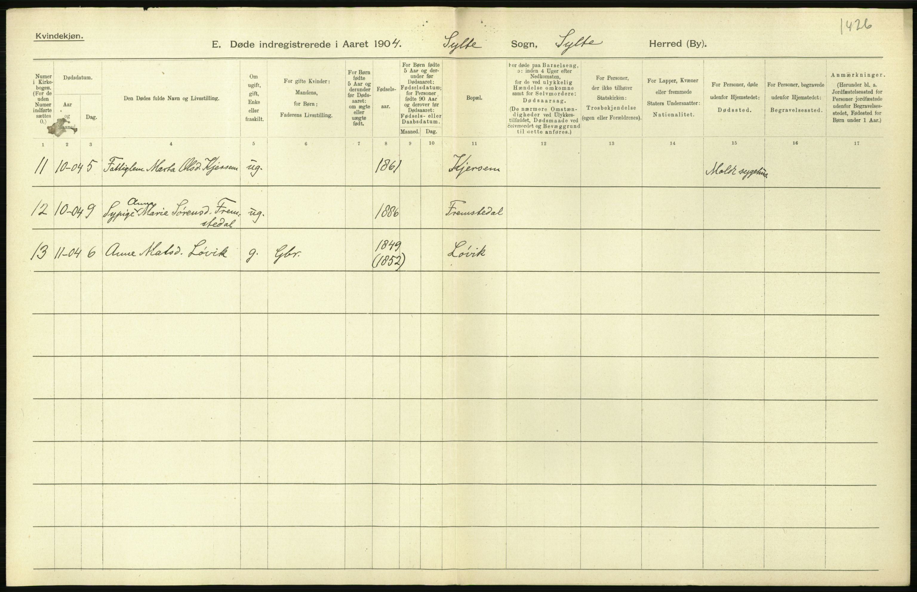 Statistisk sentralbyrå, Sosiodemografiske emner, Befolkning, AV/RA-S-2228/D/Df/Dfa/Dfab/L0016: Romsdals amt: Fødte, gifte, døde., 1904, s. 1102