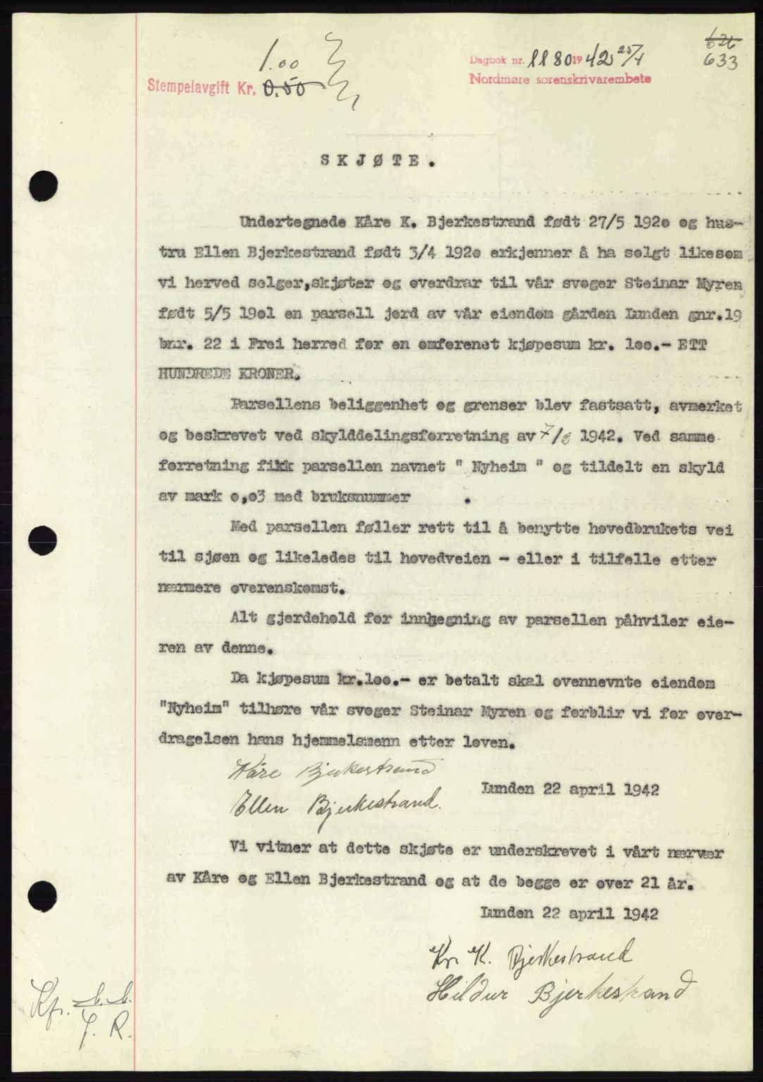 Nordmøre sorenskriveri, SAT/A-4132/1/2/2Ca: Pantebok nr. A92, 1942-1942, Dagboknr: 1180/1942