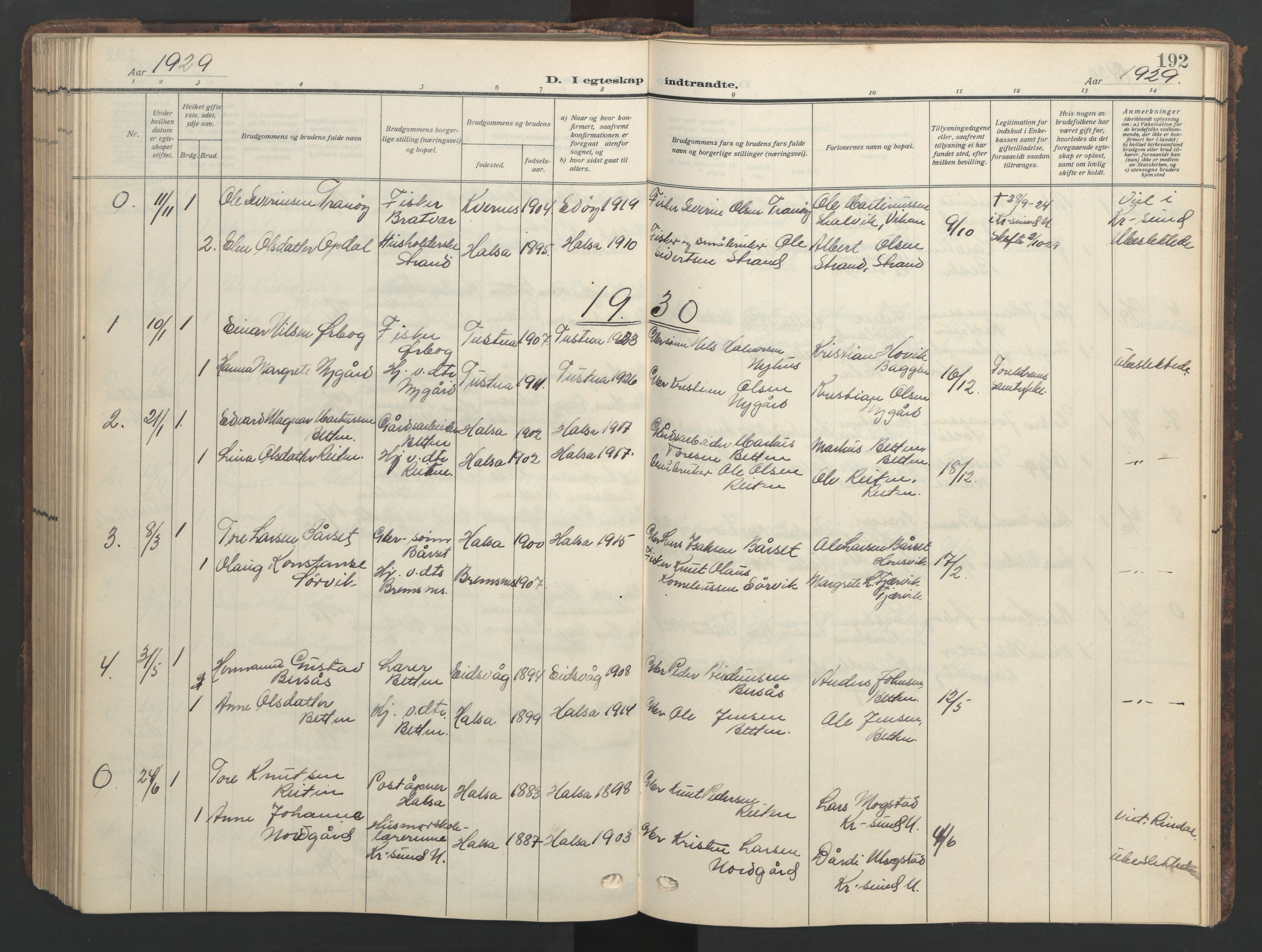 Ministerialprotokoller, klokkerbøker og fødselsregistre - Møre og Romsdal, AV/SAT-A-1454/576/L0891: Klokkerbok nr. 576C02, 1909-1946, s. 192