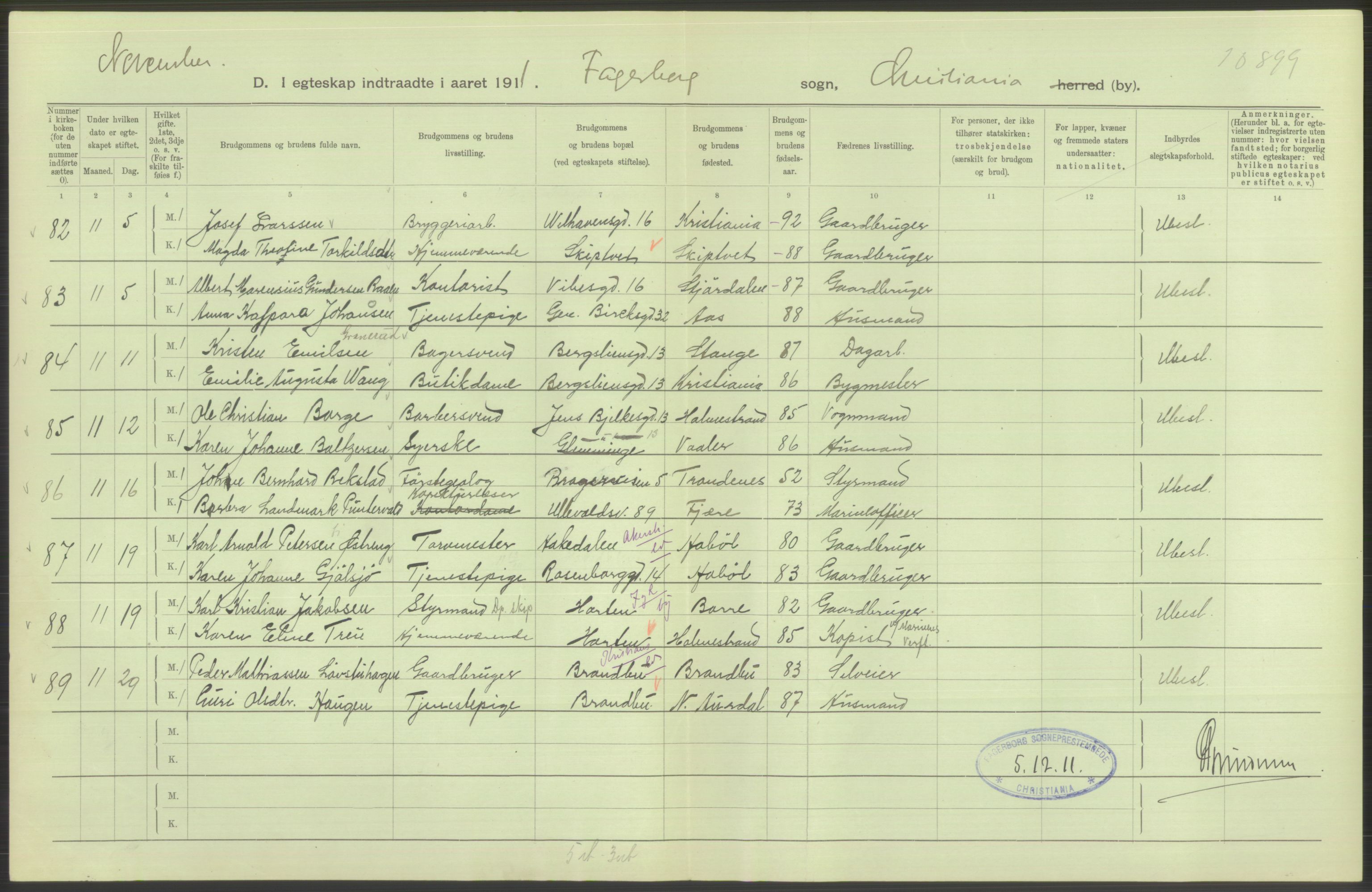 Statistisk sentralbyrå, Sosiodemografiske emner, Befolkning, AV/RA-S-2228/D/Df/Dfb/Dfba/L0008: Kristiania: Gifte, 1911, s. 358