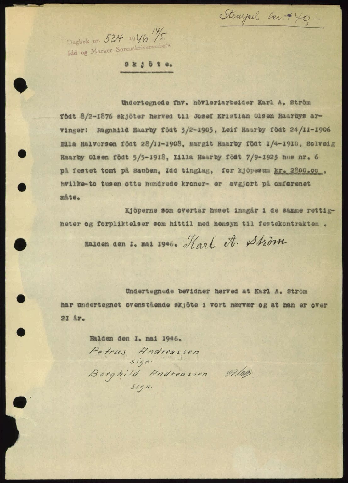 Idd og Marker sorenskriveri, SAO/A-10283/G/Gb/Gbb/L0008: Pantebok nr. A8, 1946-1946, Dagboknr: 534/1946
