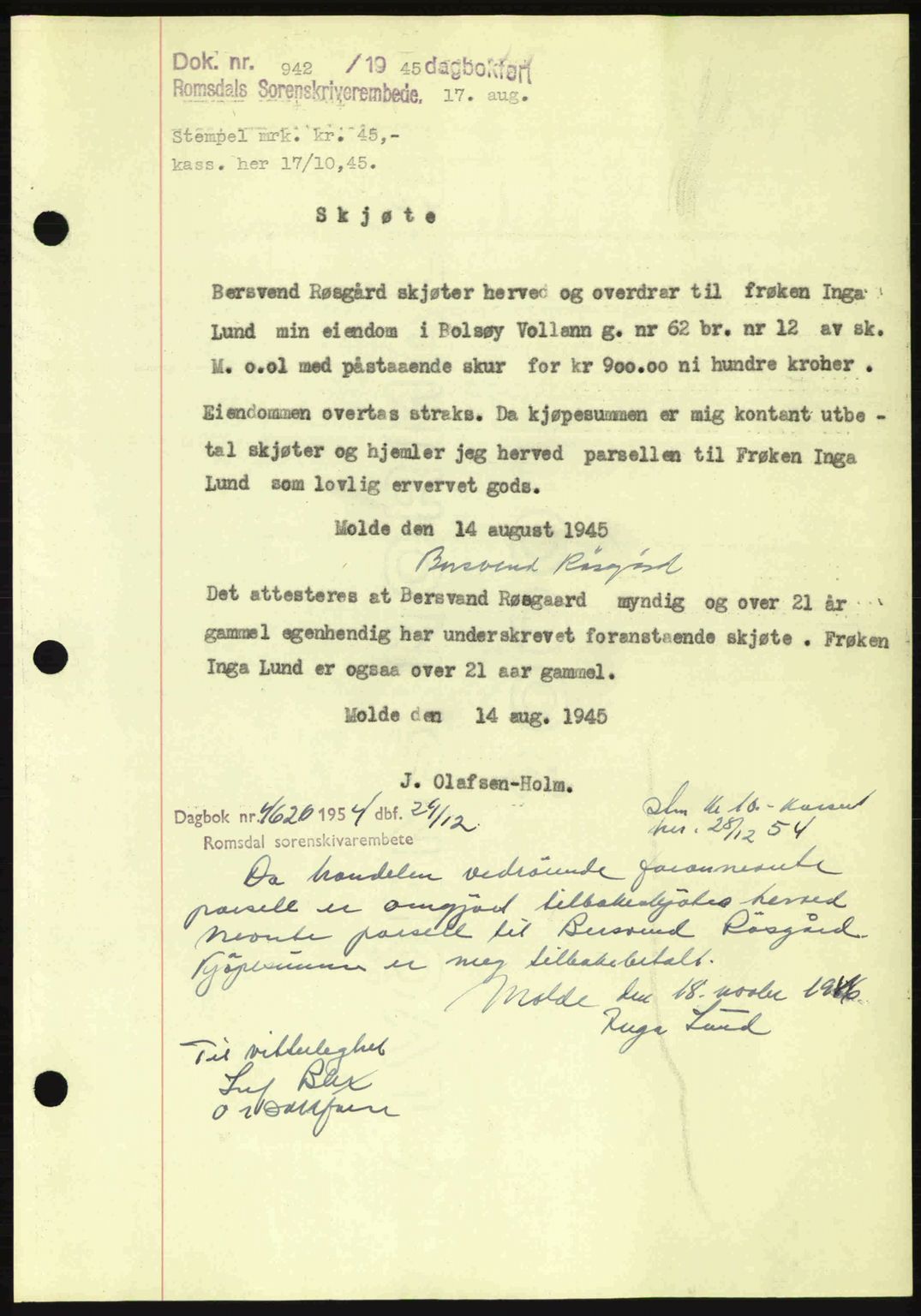 Romsdal sorenskriveri, SAT/A-4149/1/2/2C: Pantebok nr. A18, 1945-1945, Dagboknr: 942/1945