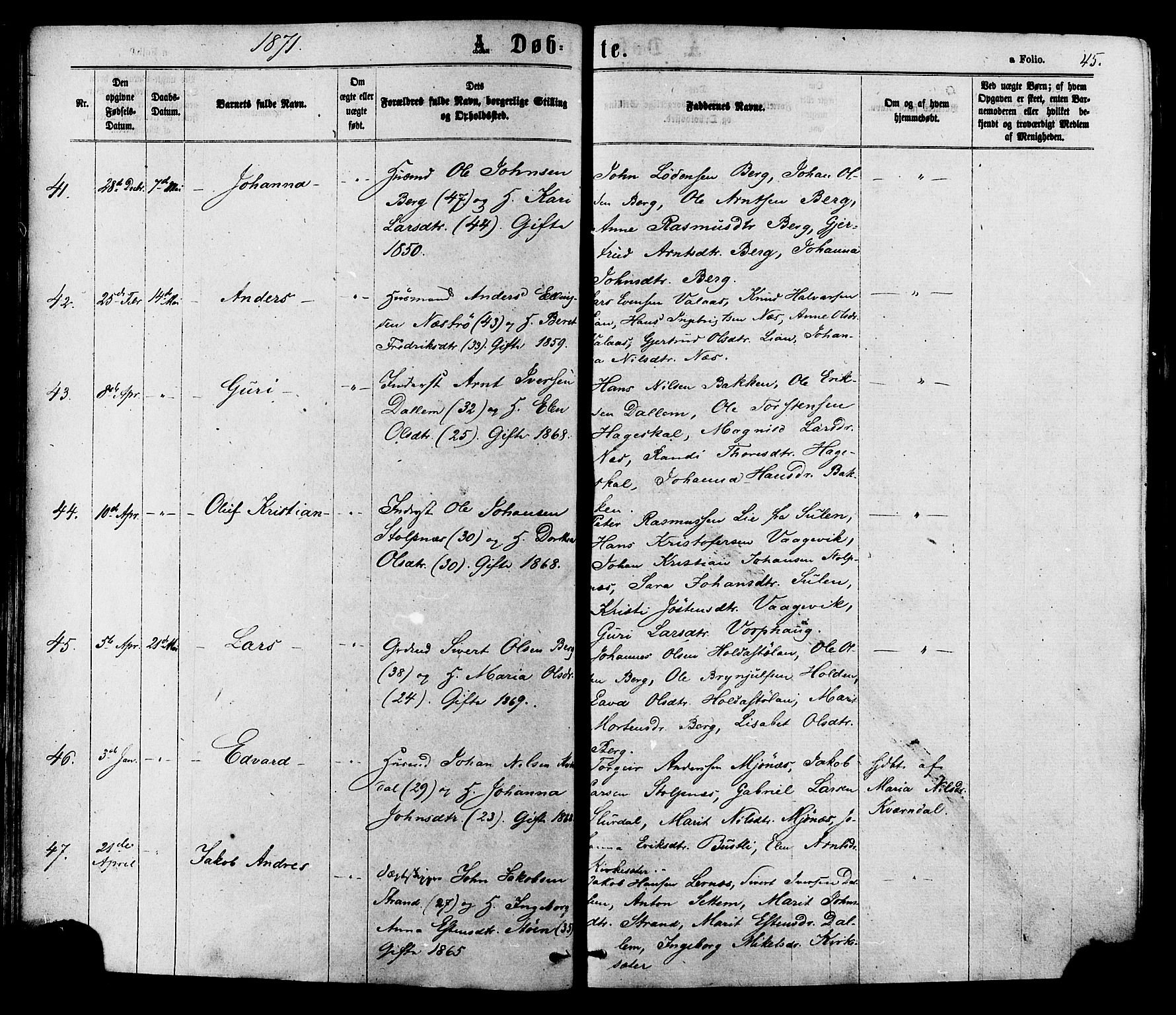Ministerialprotokoller, klokkerbøker og fødselsregistre - Sør-Trøndelag, AV/SAT-A-1456/630/L0495: Ministerialbok nr. 630A08, 1868-1878, s. 45