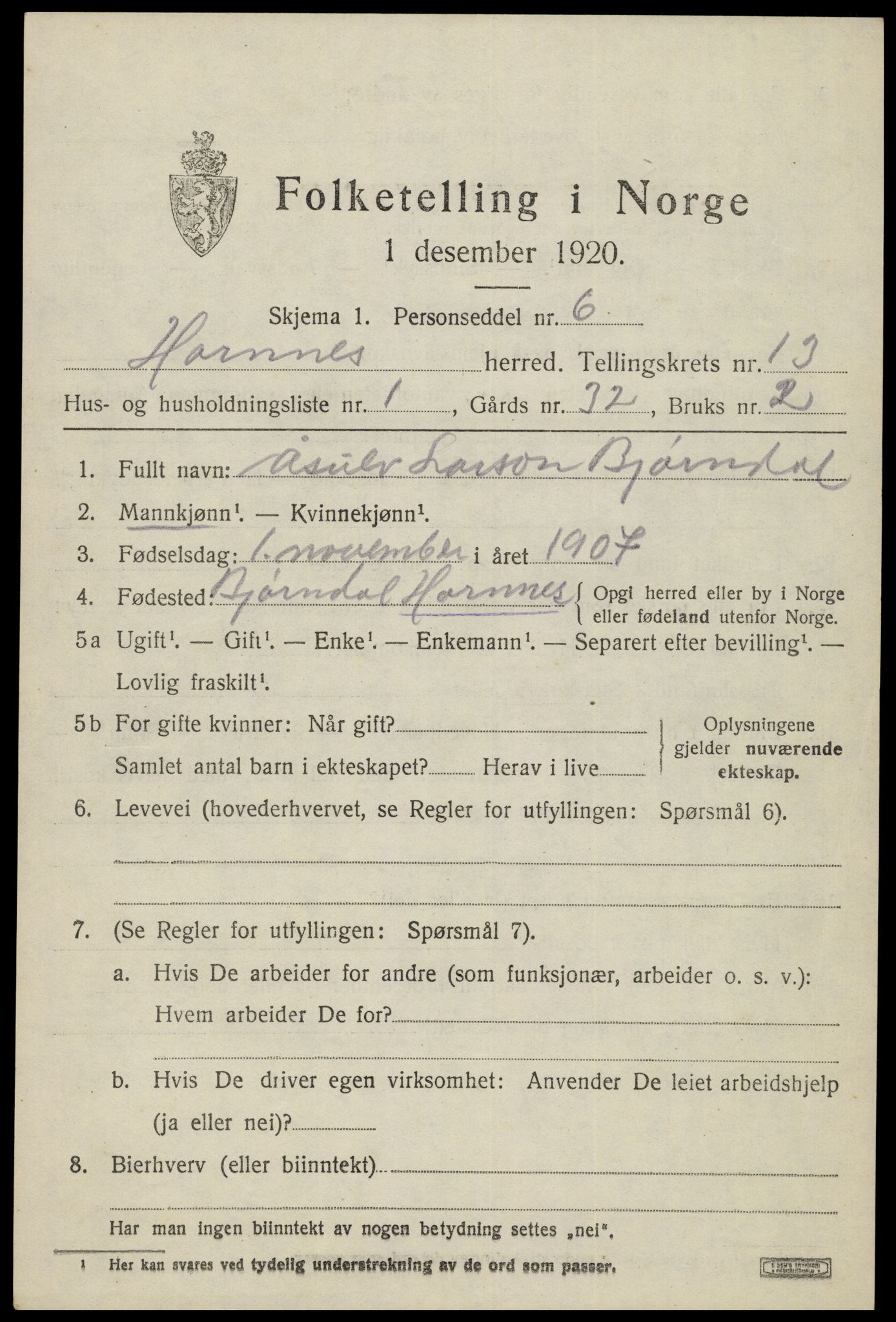 SAK, Folketelling 1920 for 0936 Hornnes herred, 1920, s. 3059