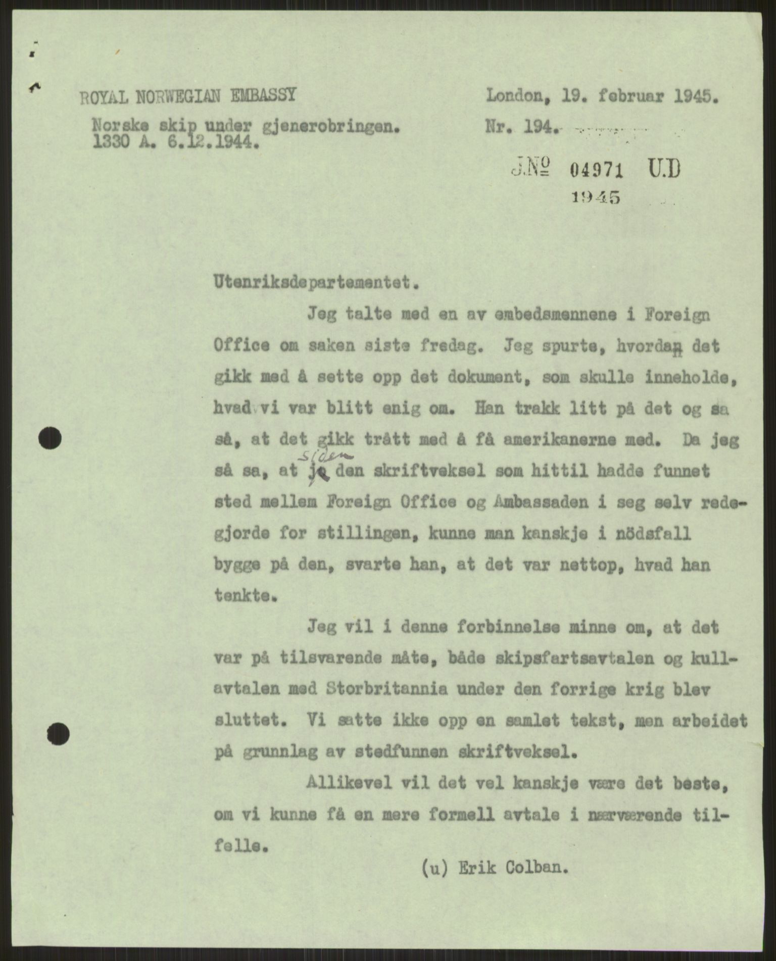 Justisdepartementet, Lovavdelingen, RA/S-3212/D/De/L0315/0001: Frigjøring og rettsoppgjør / Prisrett. Alliert krigsbytte. Norske skip under gjenerobringen. 3 mapper, 1945, s. 1253