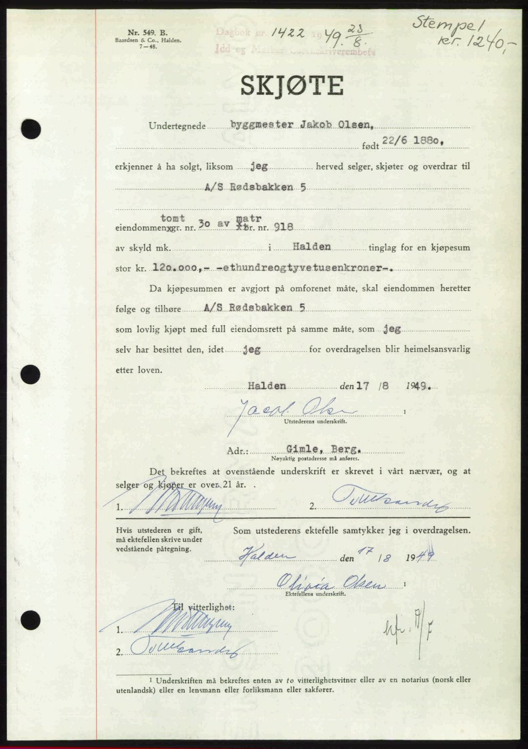 Idd og Marker sorenskriveri, AV/SAO-A-10283/G/Gb/Gbb/L0012: Pantebok nr. A12, 1949-1949, Dagboknr: 1422/1949