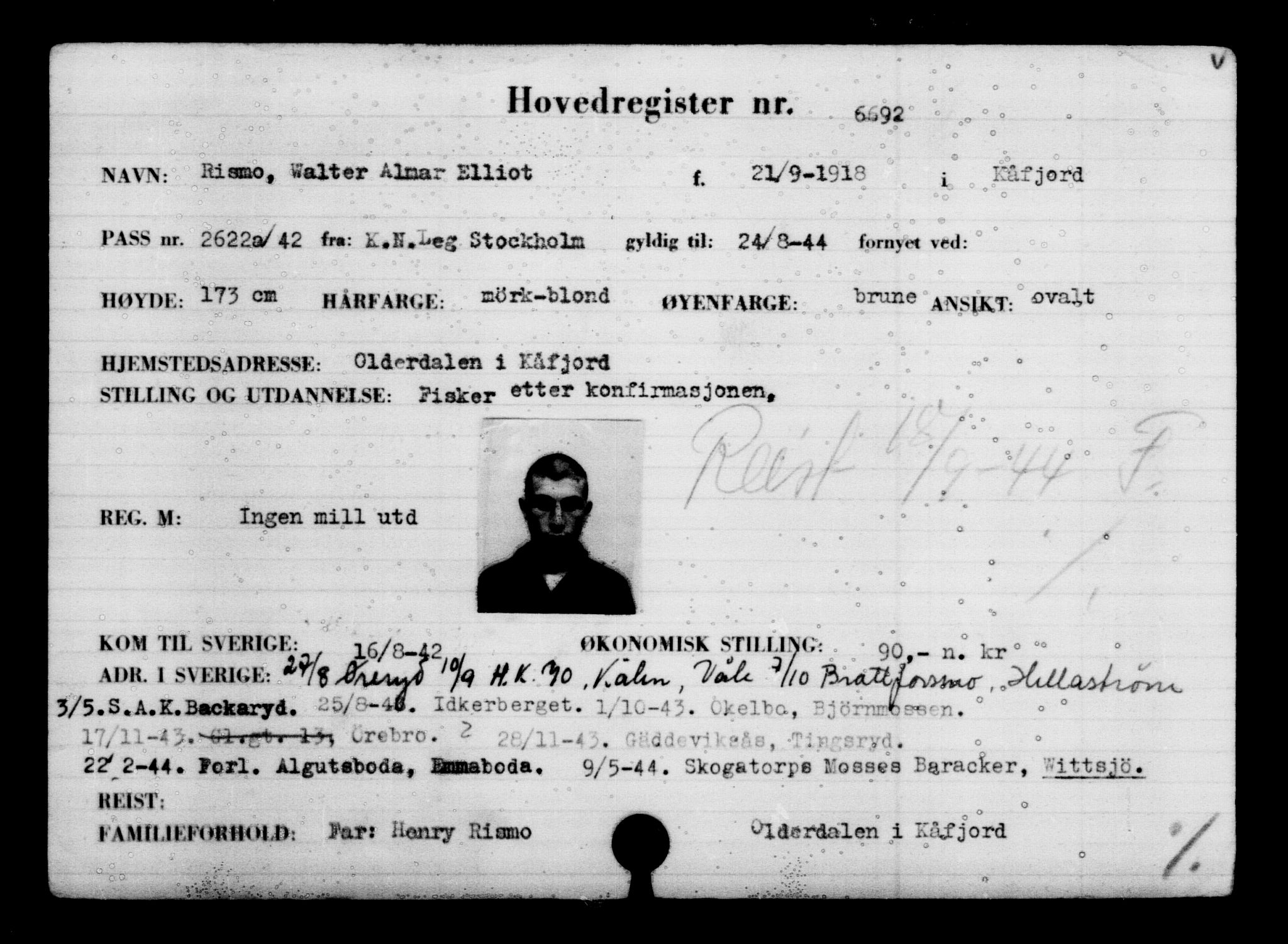 Utenriksstasjonene, Legasjonen i Stockholm, Flyktningkontoret, AV/RA-S-6753/V/Va/L0005: Kjesäterkartoteket, flyktning nr. 6600-9417, 1940-1945, s. 109