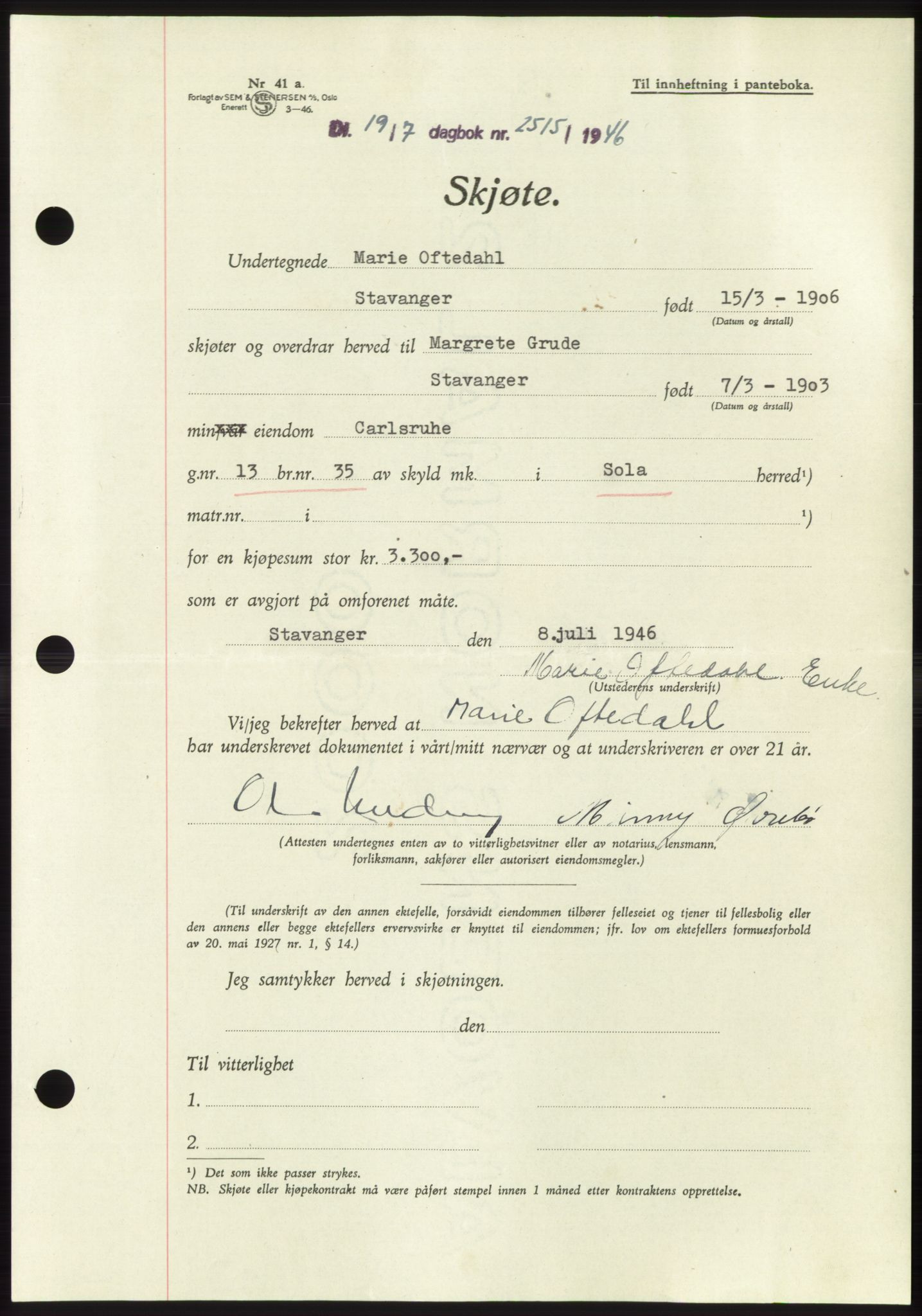 Jæren sorenskriveri, SAST/A-100310/03/G/Gba/L0090: Pantebok, 1946-1946, Dagboknr: 2515/1946