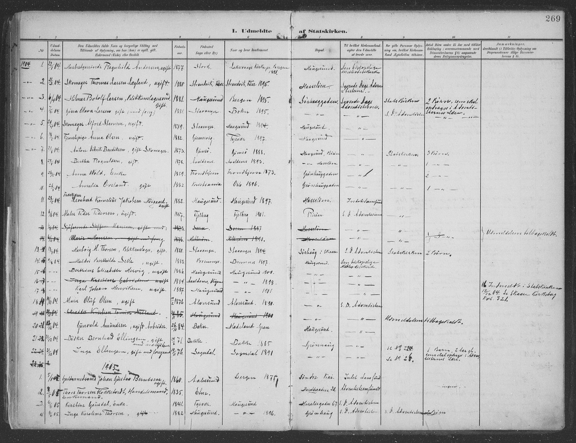 Haugesund sokneprestkontor, AV/SAST-A -101863/H/Ha/Haa/L0007: Ministerialbok nr. A 7, 1904-1916, s. 269