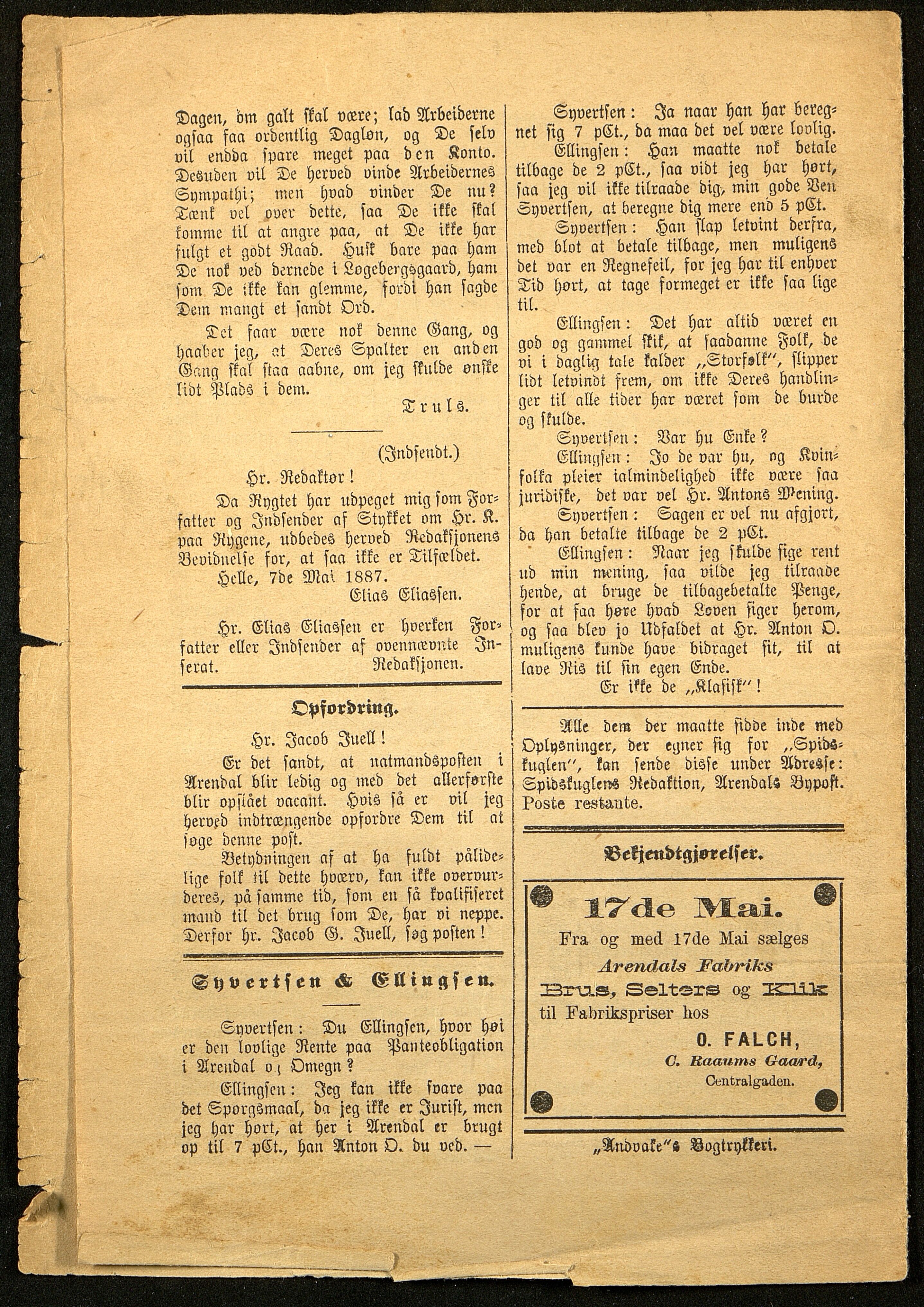 Spidskuglen, AAKS/PA-2823/X/L0001/0001: Spidskuglen / Årg. 1887, nr. 1–2, 4–23, 25–36, 1887