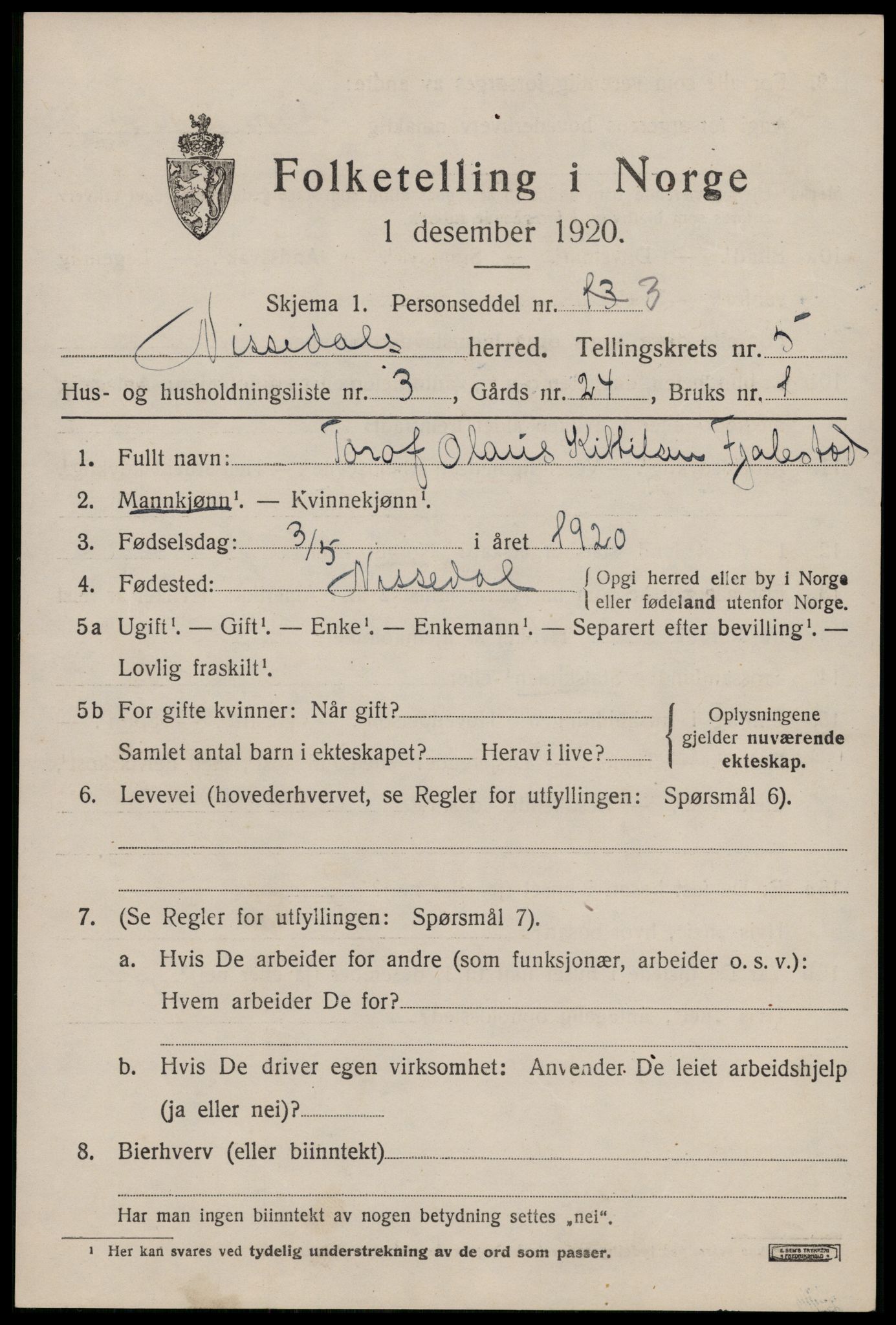 SAKO, Folketelling 1920 for 0830 Nissedal herred, 1920, s. 2055