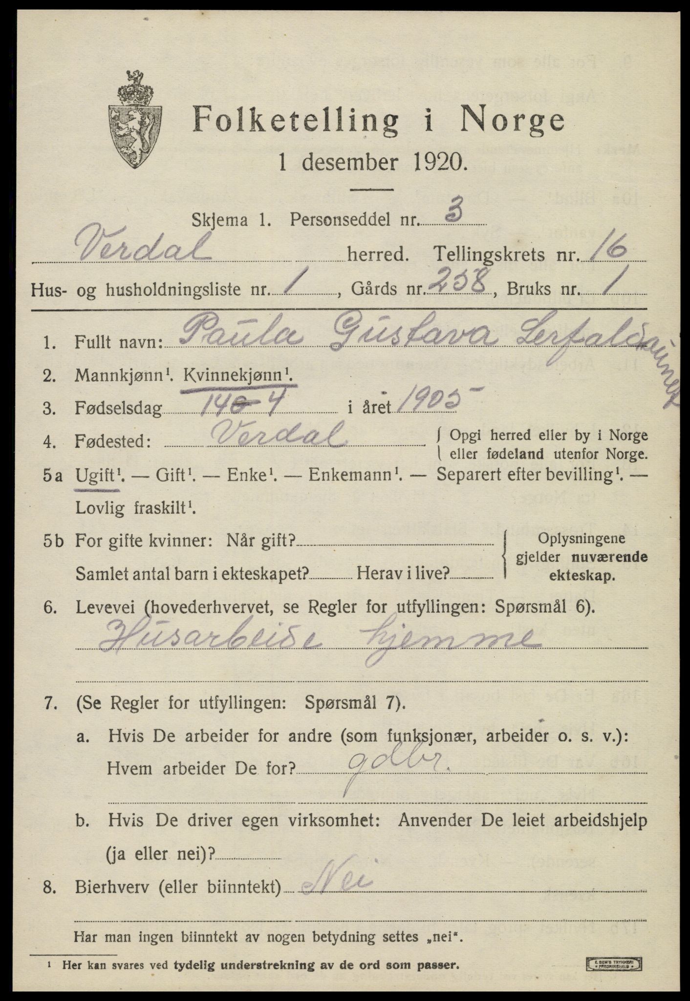 SAT, Folketelling 1920 for 1721 Verdal herred, 1920, s. 14835