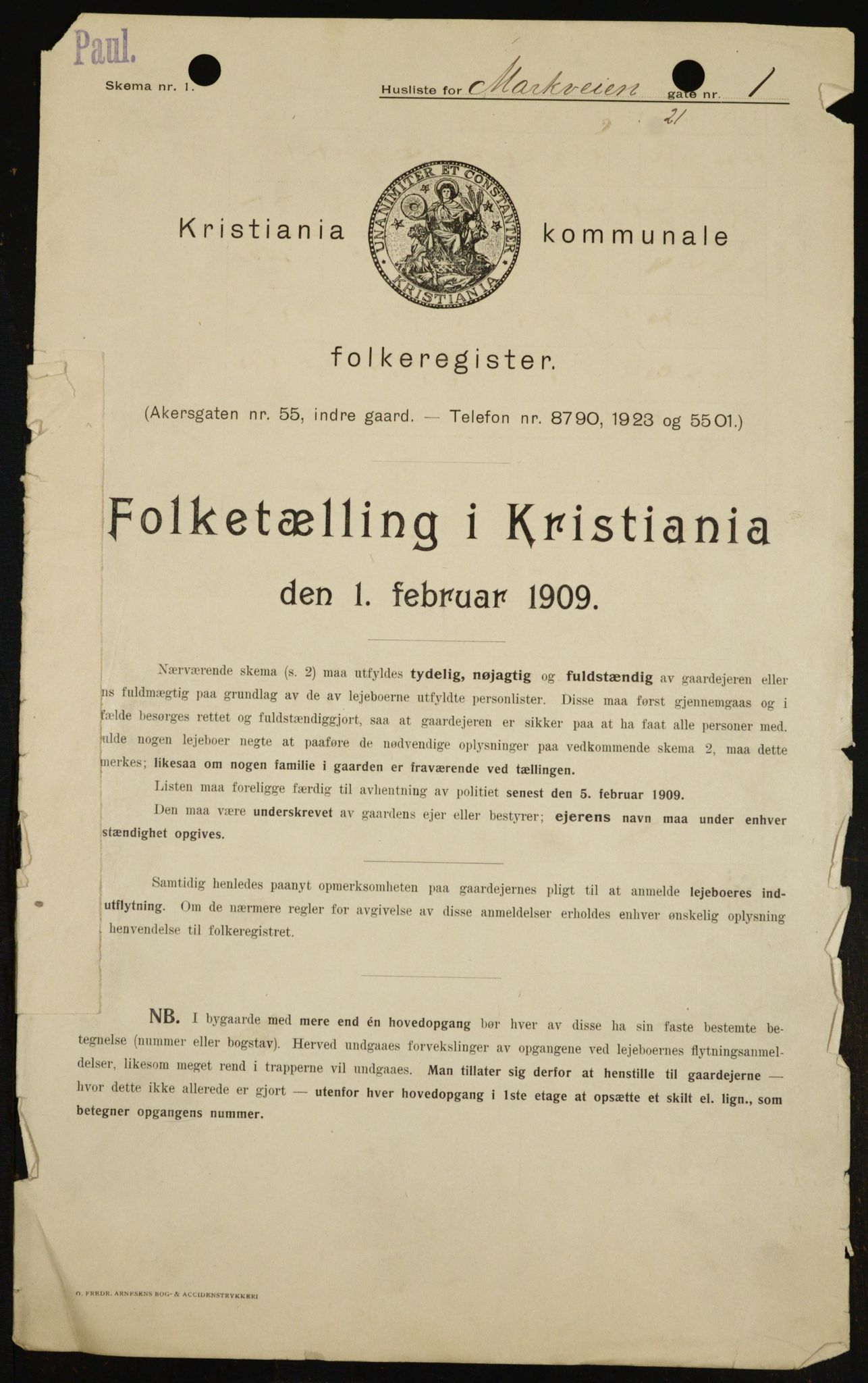 OBA, Kommunal folketelling 1.2.1909 for Kristiania kjøpstad, 1909, s. 57013
