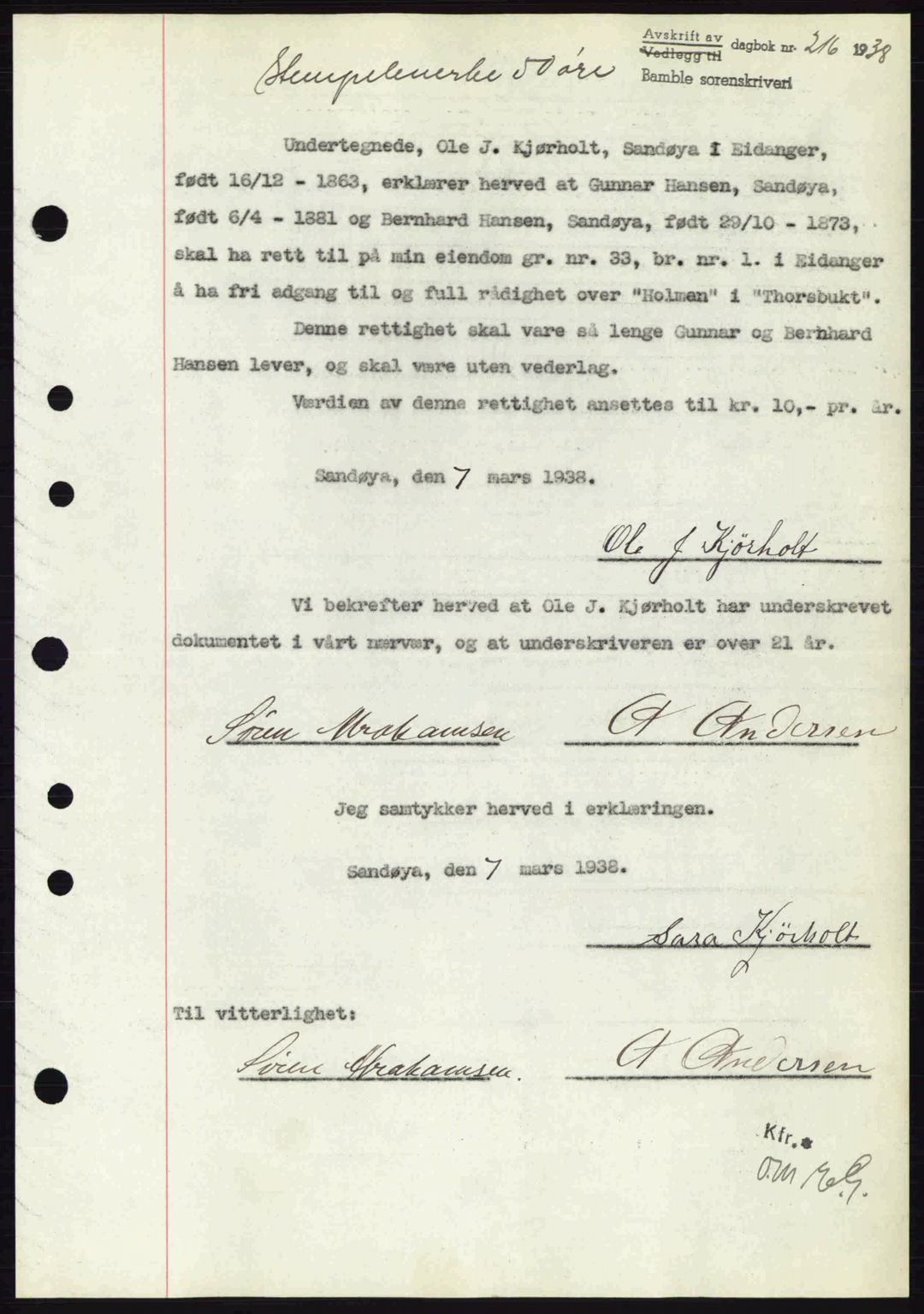 Bamble sorenskriveri, AV/SAKO-A-214/G/Ga/Gag/L0002: Pantebok nr. A-2, 1937-1938, Dagboknr: 216/1938