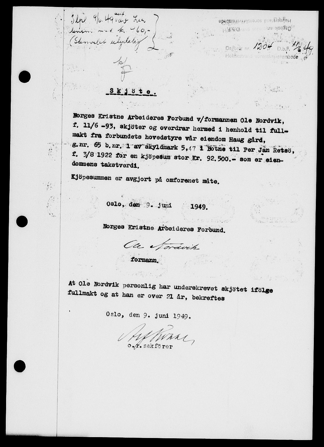 Holmestrand sorenskriveri, SAKO/A-67/G/Ga/Gaa/L0066: Pantebok nr. A-66, 1949-1949, Dagboknr: 1204/1949
